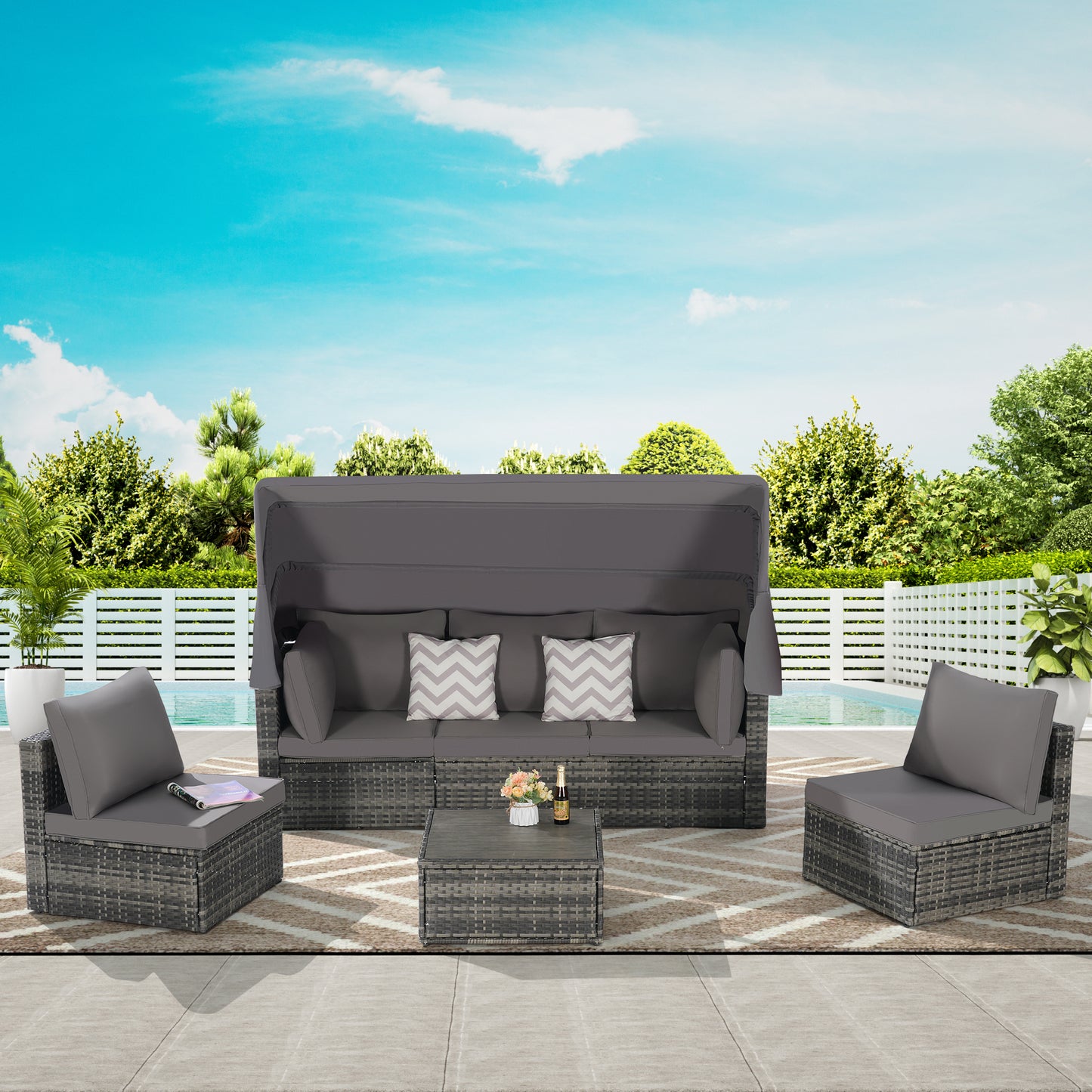Solvara Daybed Lounge – 5-Piece Wicker Patio Set with Retractable Canopy & Side Table