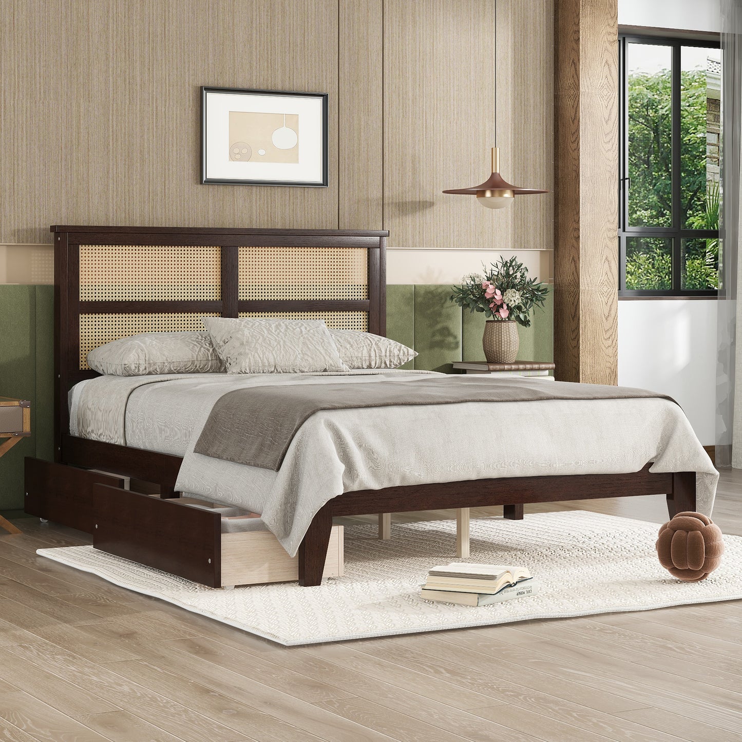 Ravella Full Bed – Espresso Wood Frame with Rattan Headboard & Storage Drawers