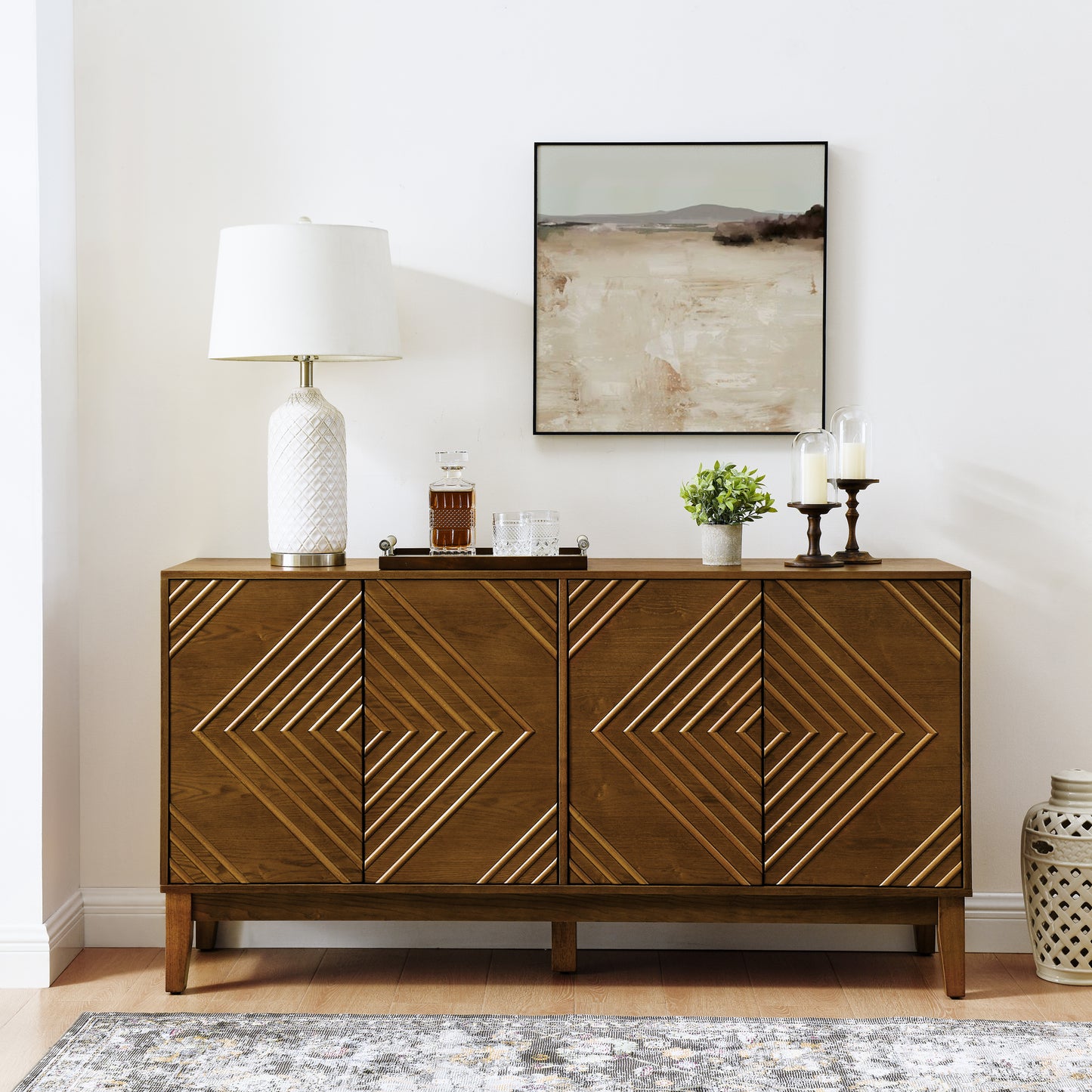 Farmcrest Fluted Cabinet – 60.5'' Walnut Buffet with Geometric Doors and Shelf Storage