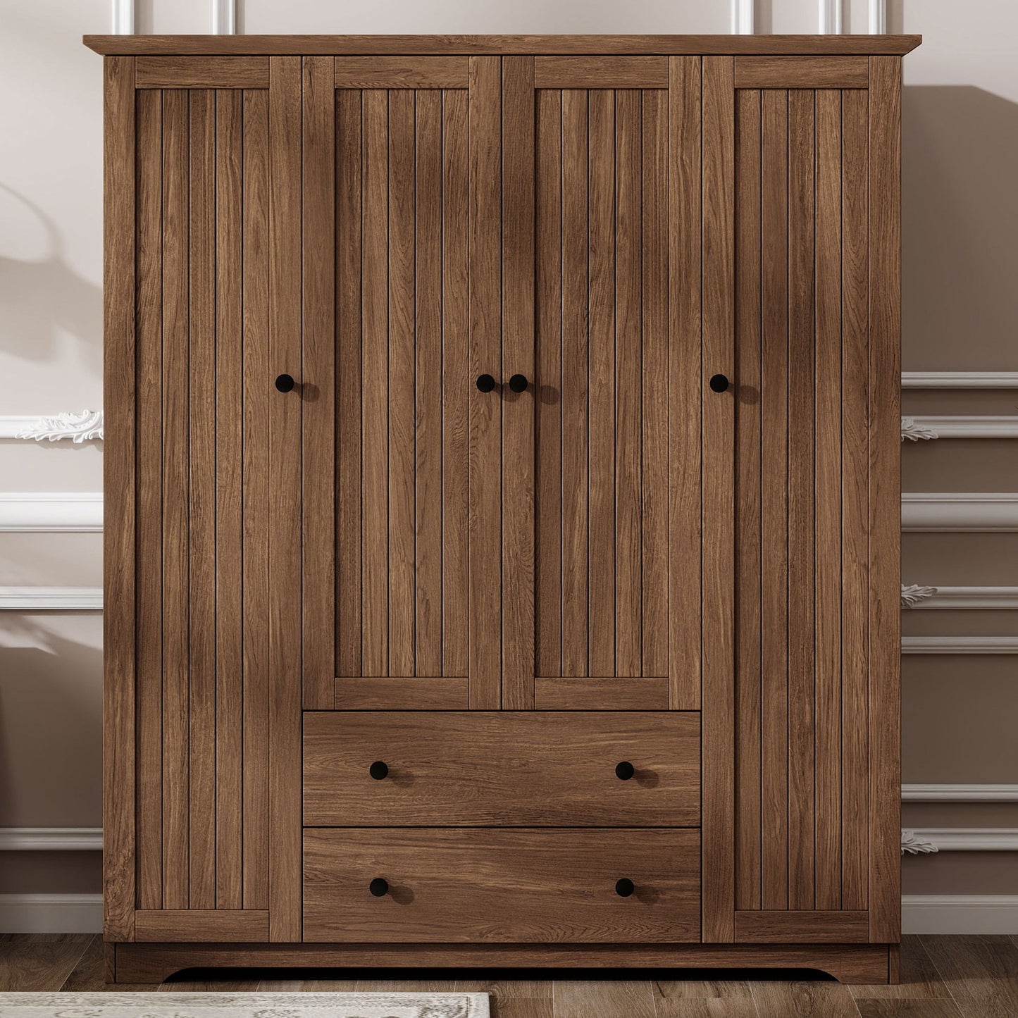 Veyra 4-Door Armoire – Brown Wardrobe Closet with 2 Drawers & Double Hanging Rails