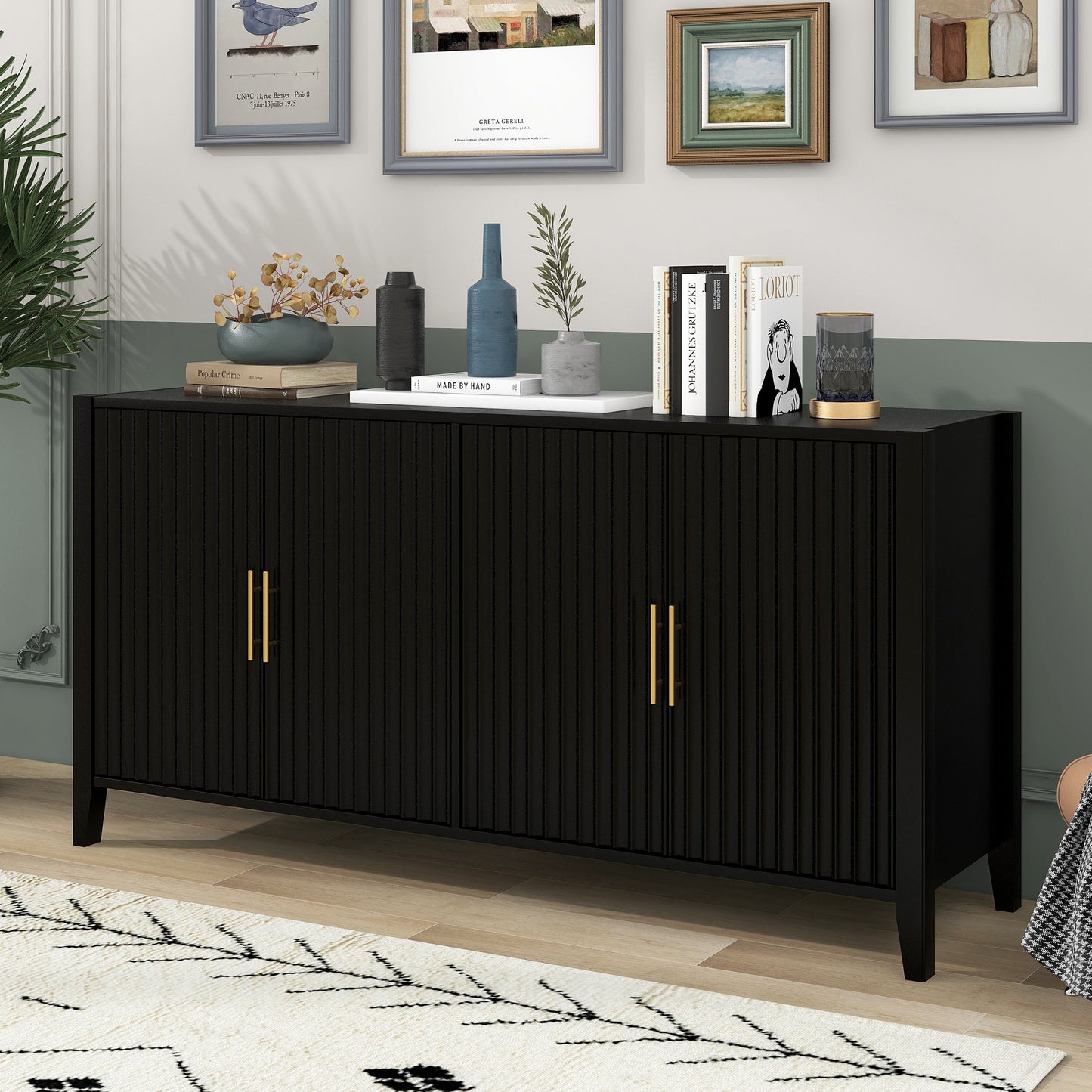 Wavelle Sideboard – 63'' Black Storage Cabinet with Vertical Slatted Doors and Wood Legs