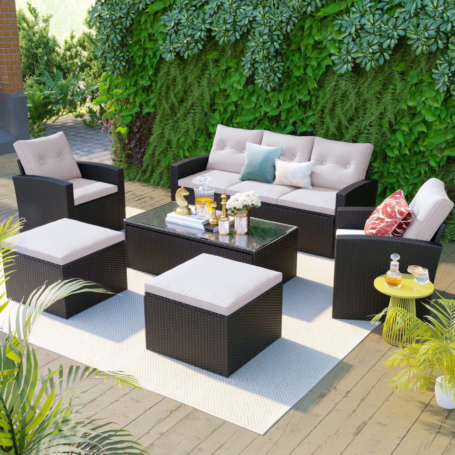 Solvara Classic 6-Piece Set – All-Weather Black Wicker Sofa with Beige Cushions & Ottomans