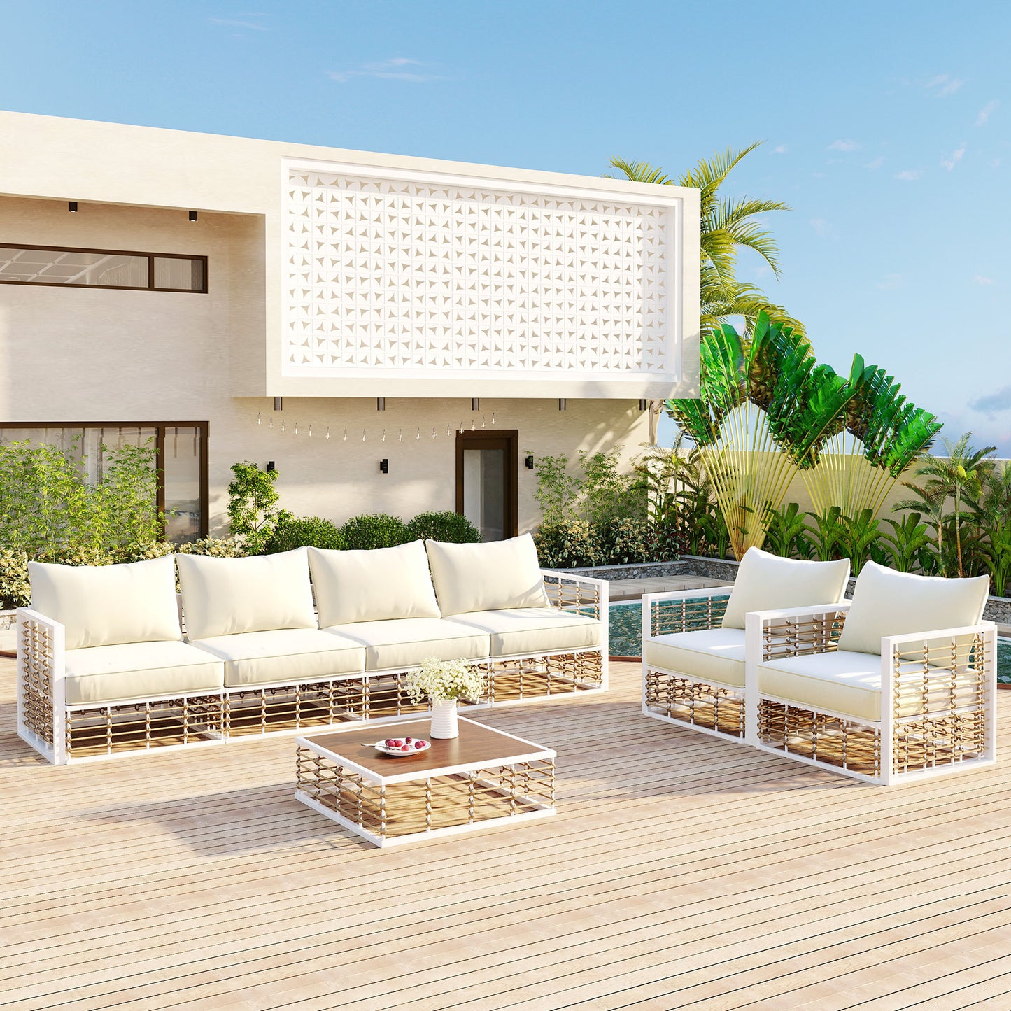 TOPMAX 7-Piece White Sectional – Minimalist Metal Patio Sofa Set with Cushions & Coffee Table