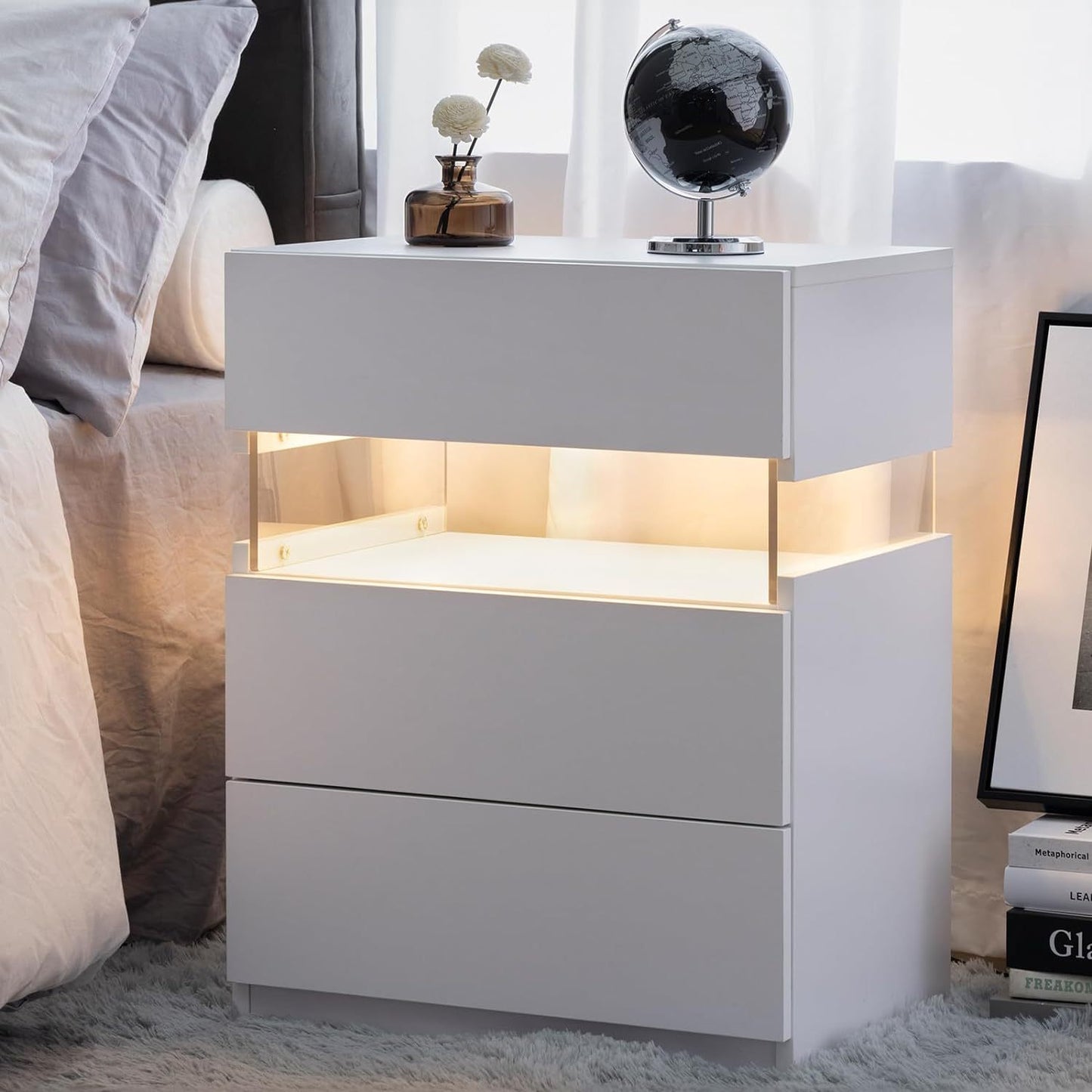 Vionix Glow Trio – White LED Nightstand with 3 Drawers & Acrylic Board Trim