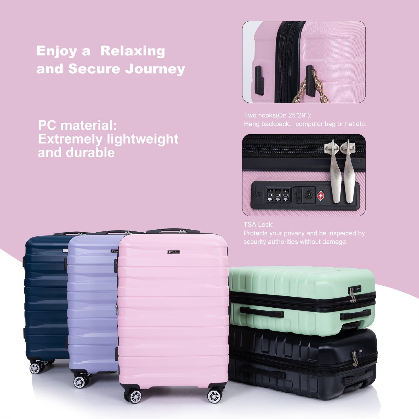 Jetera 3 - Piece Luggage Set – Pink PC Expandable Suitcases with Double Spinner Wheels & TSA Lock - JUSTLIVE NESTJUSTLIVE NEST