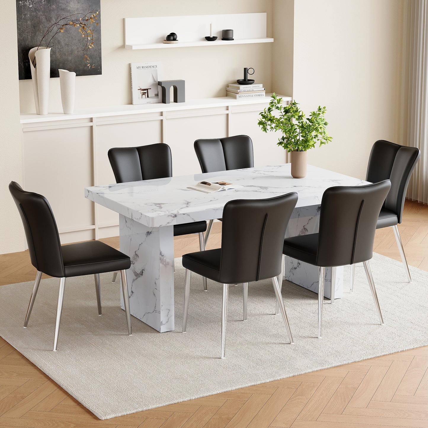 Volara 63" Dining Set – Marblelook MDF Table with 6 Striato-Back Black PU Chairs