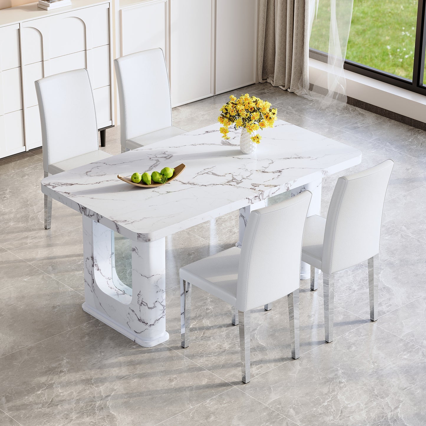 Fayno 5‑Piece Dining Set – Marble Style Table with 4 White PU Chairs, Silver Legs