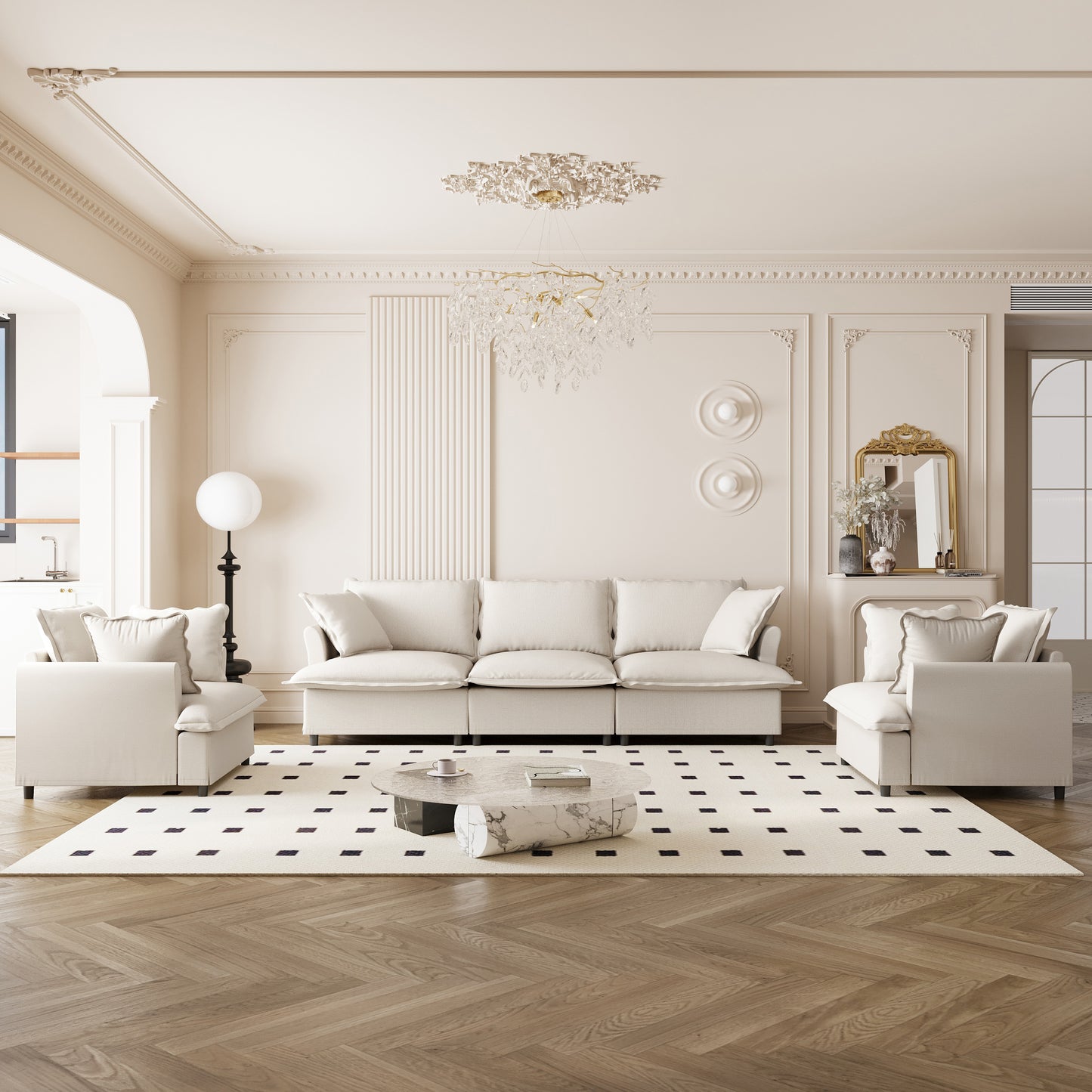 3-Piece Lounge Ensemble – Modular Chenille Sofa, Armchair & Ottoman Set