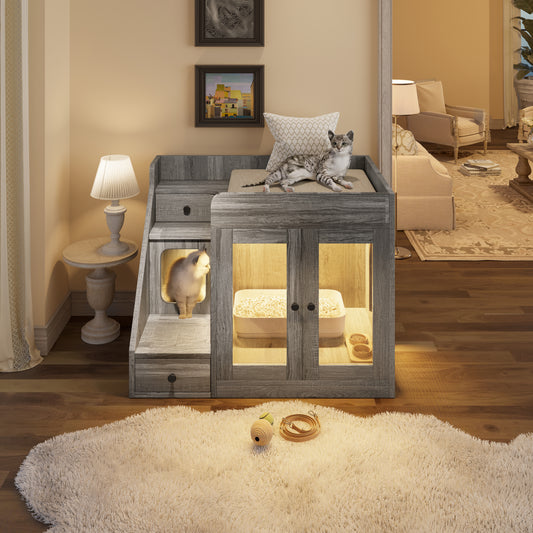Nuvio LED Cat Litter Cabinet – Hidden Enclosure with Dual Drawers & Side Table Design - JUSTLIVE NESTJUSTLIVE NEST