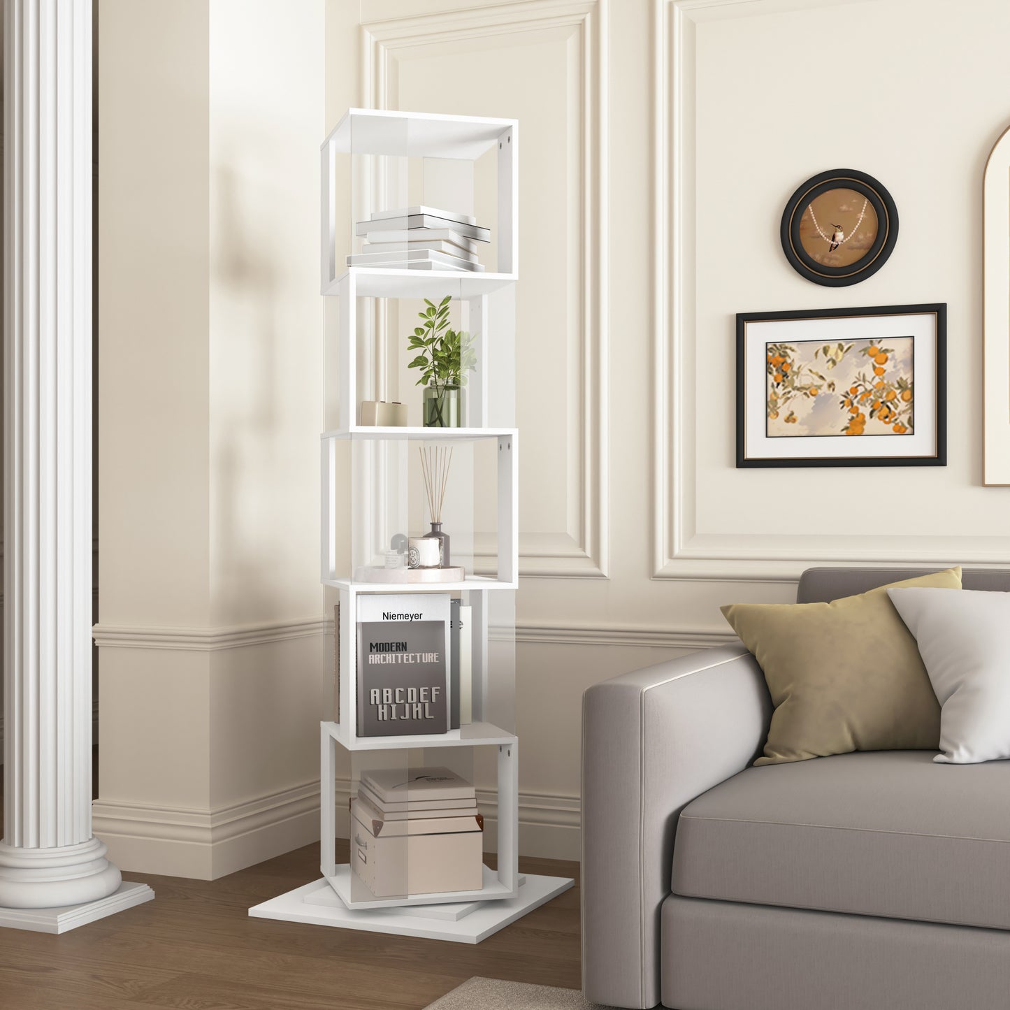 Revolta Bookshelf – 5-Tier Rotating Rack with Clear Panels