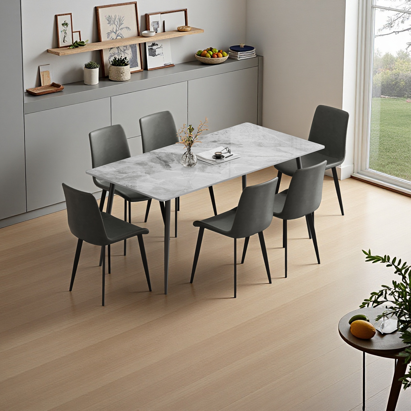 Nuvra 63" Dining Set – Sintered Stone Table & 6 Upholstered Dining Chairs