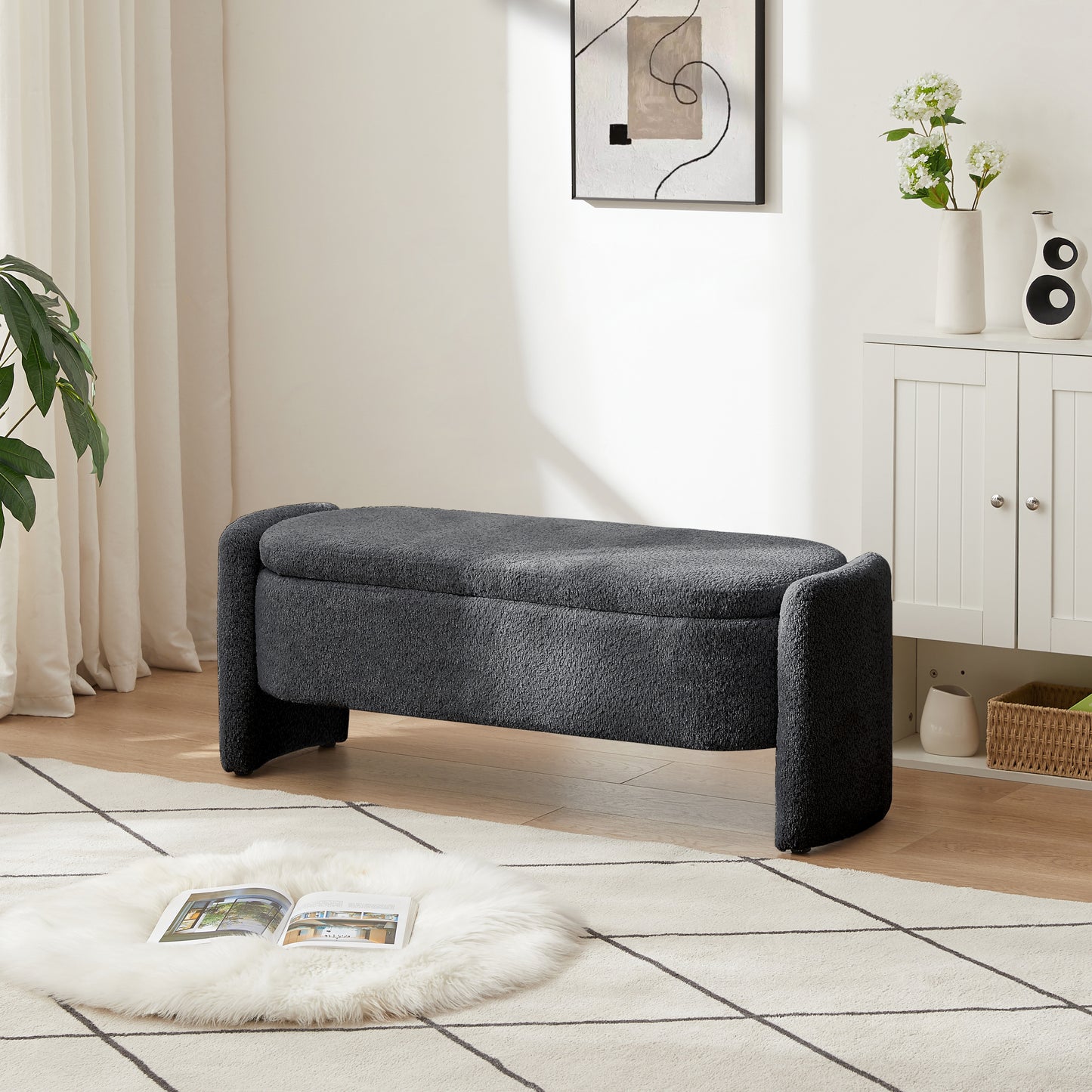 Rovina Oval – Dark Gray Lambfleece Storage Bench