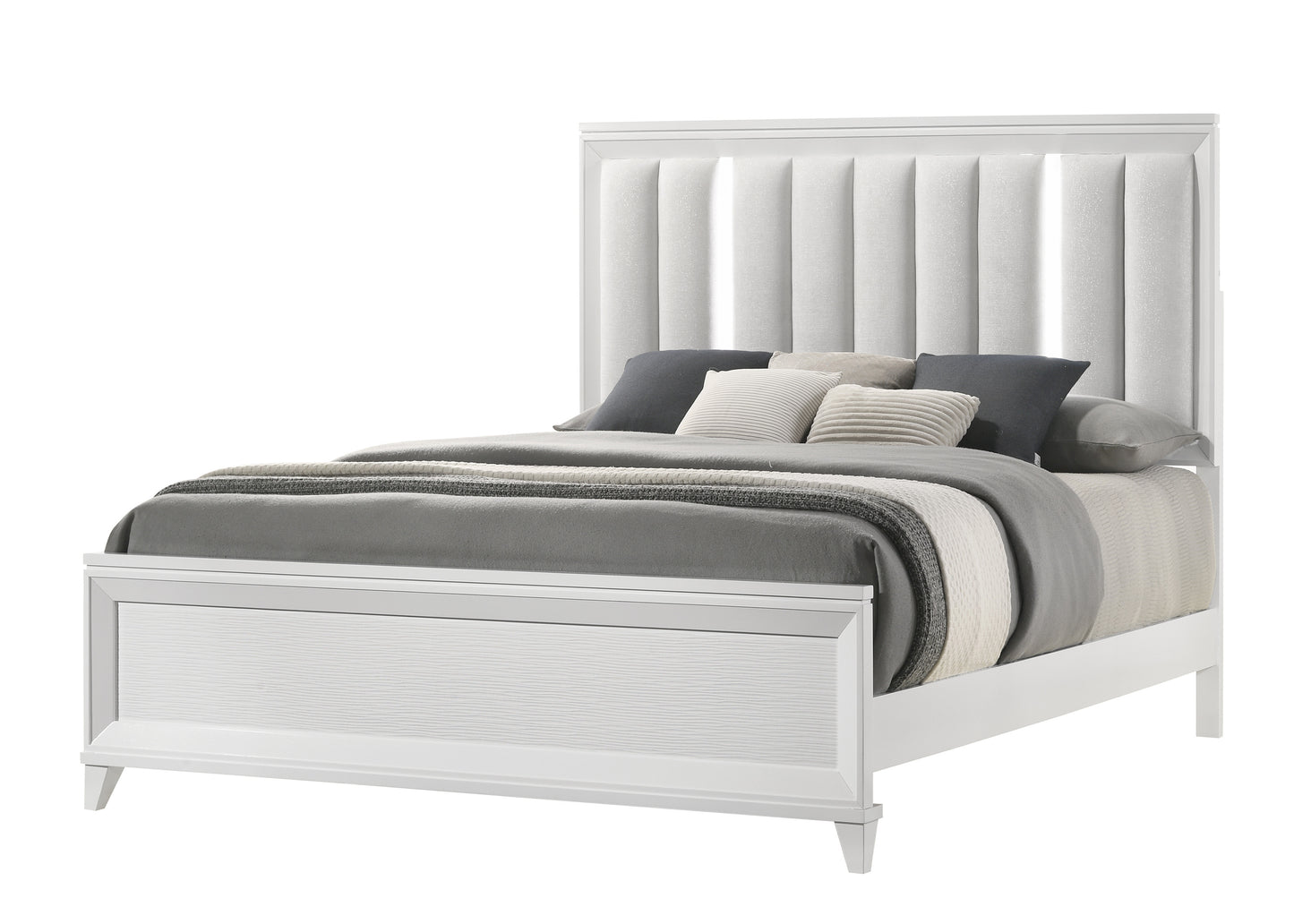 Kivora King Bed – White LED Upholstered Panel Frame with Cushioned Headboard