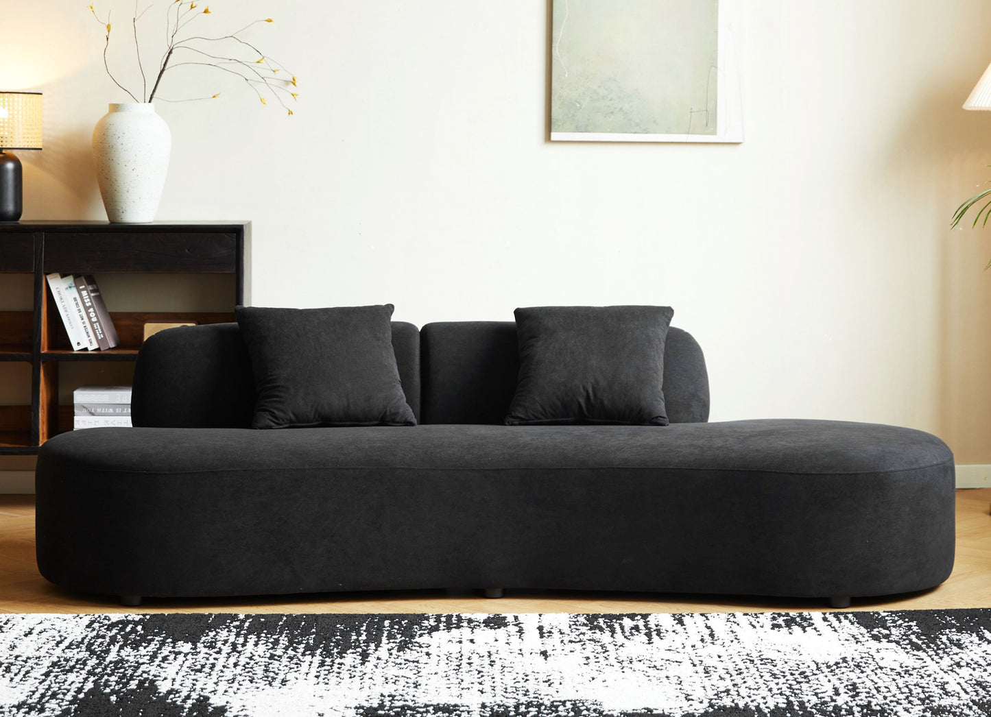 90' Luxe Arc Sofa – Black Velvet 4-Seat Crescent Lounge with Plush Pillows