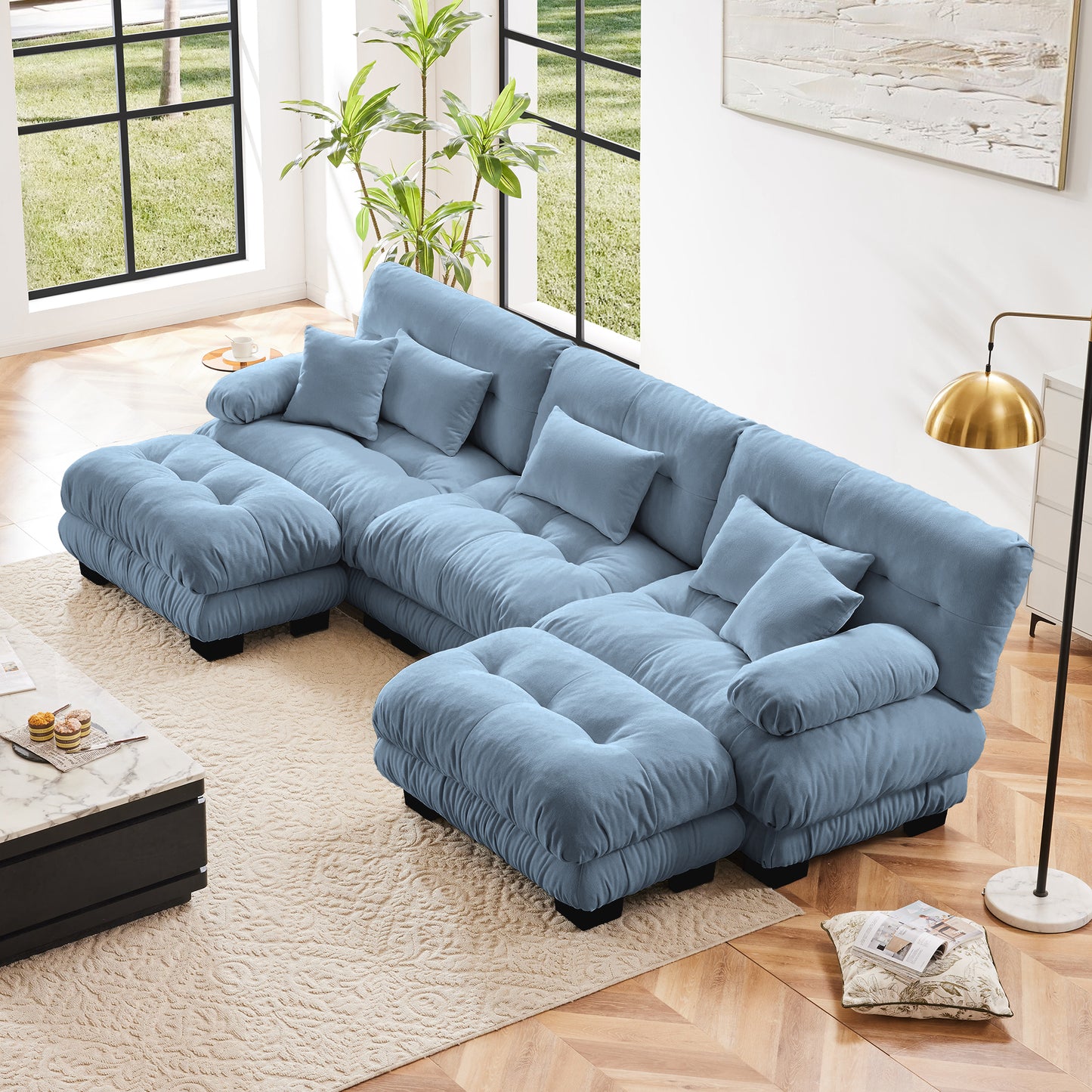 Luxe Oversized U-Shape Lounge – Blue Chenille Modular Deep-Seat Sofa with Dual Ottomans
