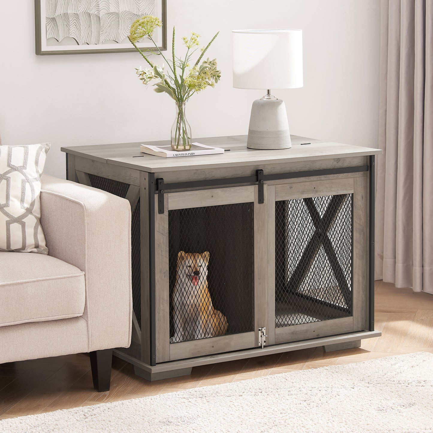 Hollo Farmhouse Crate – Gray Dog Kennel Table with Sliding Barn Door & Flip - Top Divider - JUSTLIVE NESTJUSTLIVE NEST