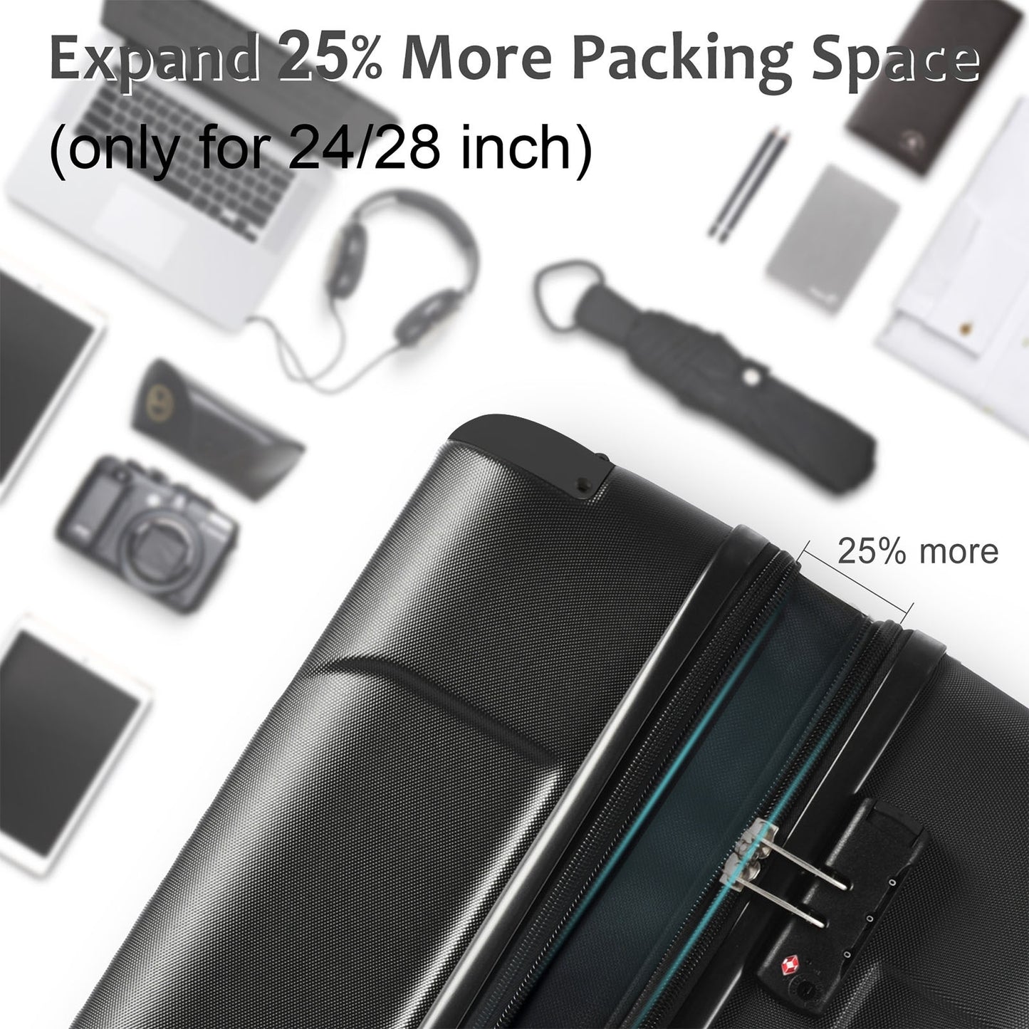 Jetera 3 - Piece ABS Luggage Set – Black Expandable Suitcases with Double Spinner Wheels & TSA Lock (20/24/28") - JUSTLIVE NESTJUSTLIVE NEST