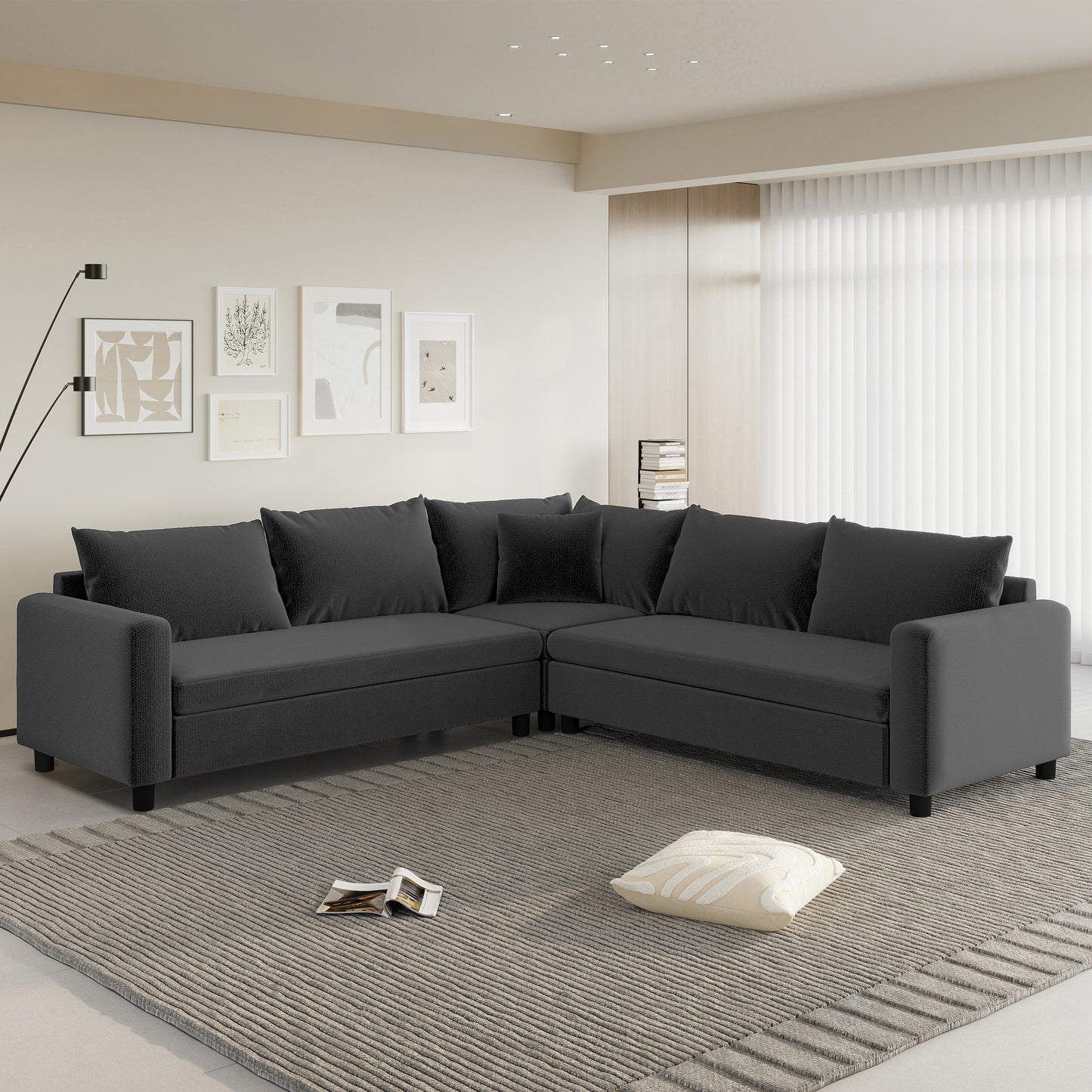 92' L-Shape Modular Lounge – Oversized 5-Seat Chenille Sofa with Accent Pillow
