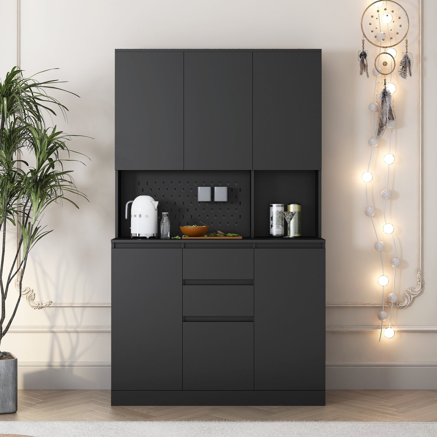 Norwin Pantry Cabinet – 74'' Black Kitchen Storage Unit with 6 Doors, 2 Drawers, and 3 Shelves