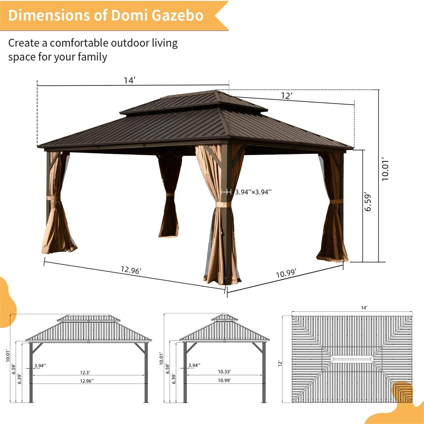 Aurelia 12x14' Hardtop Gazebo – Brown Aluminum Frame with Galvanized Roof, Curtains & Netting - JUSTLIVE NESTJUSTLIVE NEST