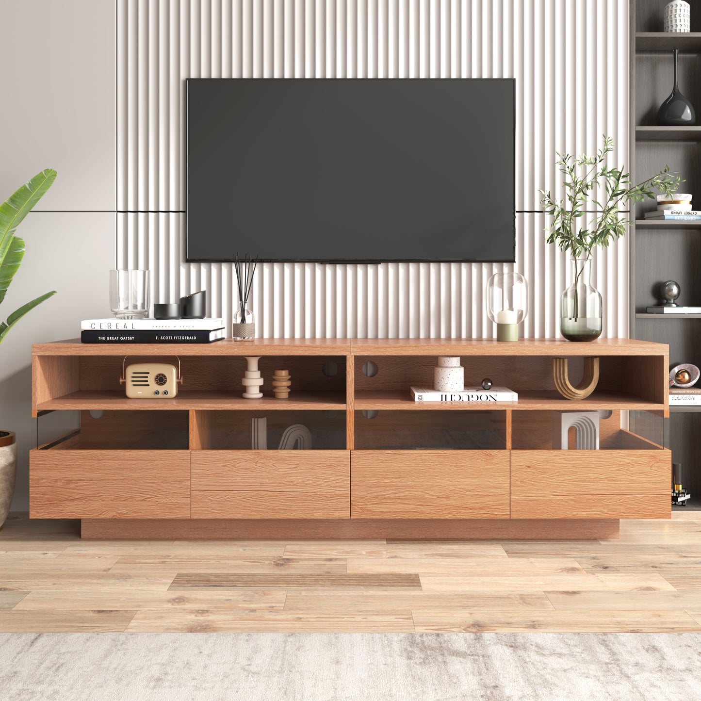 Stravion Acrylic Console – 75" TV Stand with 4 Drawers + Clear Cabinet Panels