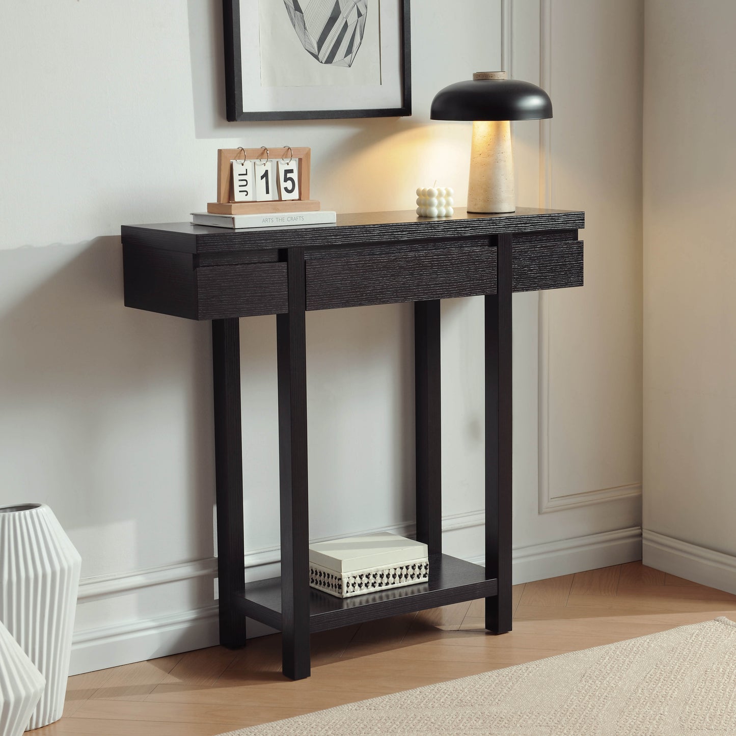 Maro Console Table – Handle-Free Design with Wood Frame, Single Drawer, and Shelf