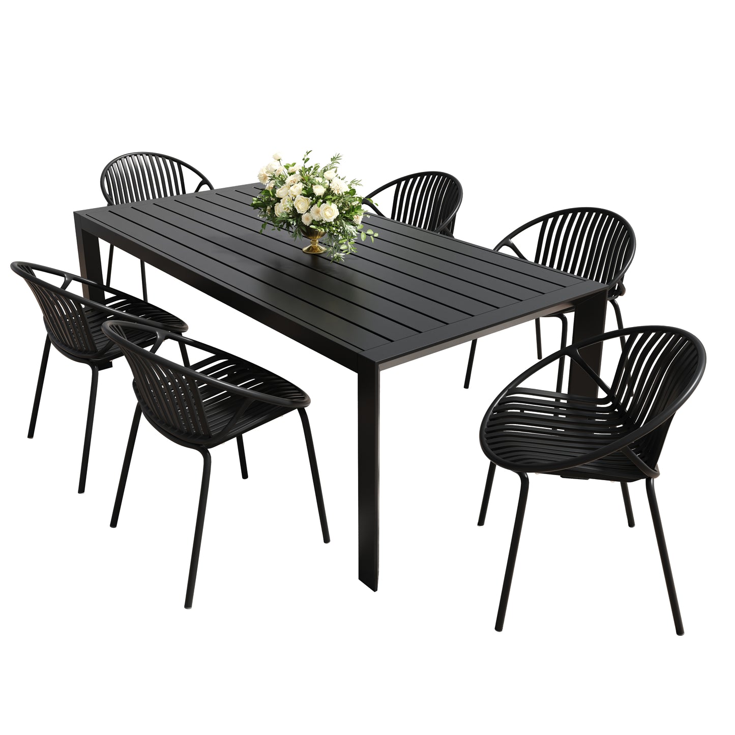 Nera 7-Piece Dining Set – Black Outdoor Table with Stackable Metal & Polypropylene Chairs
