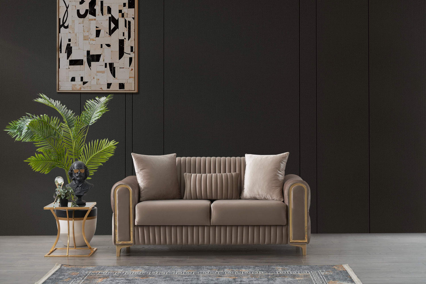 Melody Atelier Loveseat – Chic Taupe Velvet Convertible Sleeper with Metal & Wood Trim