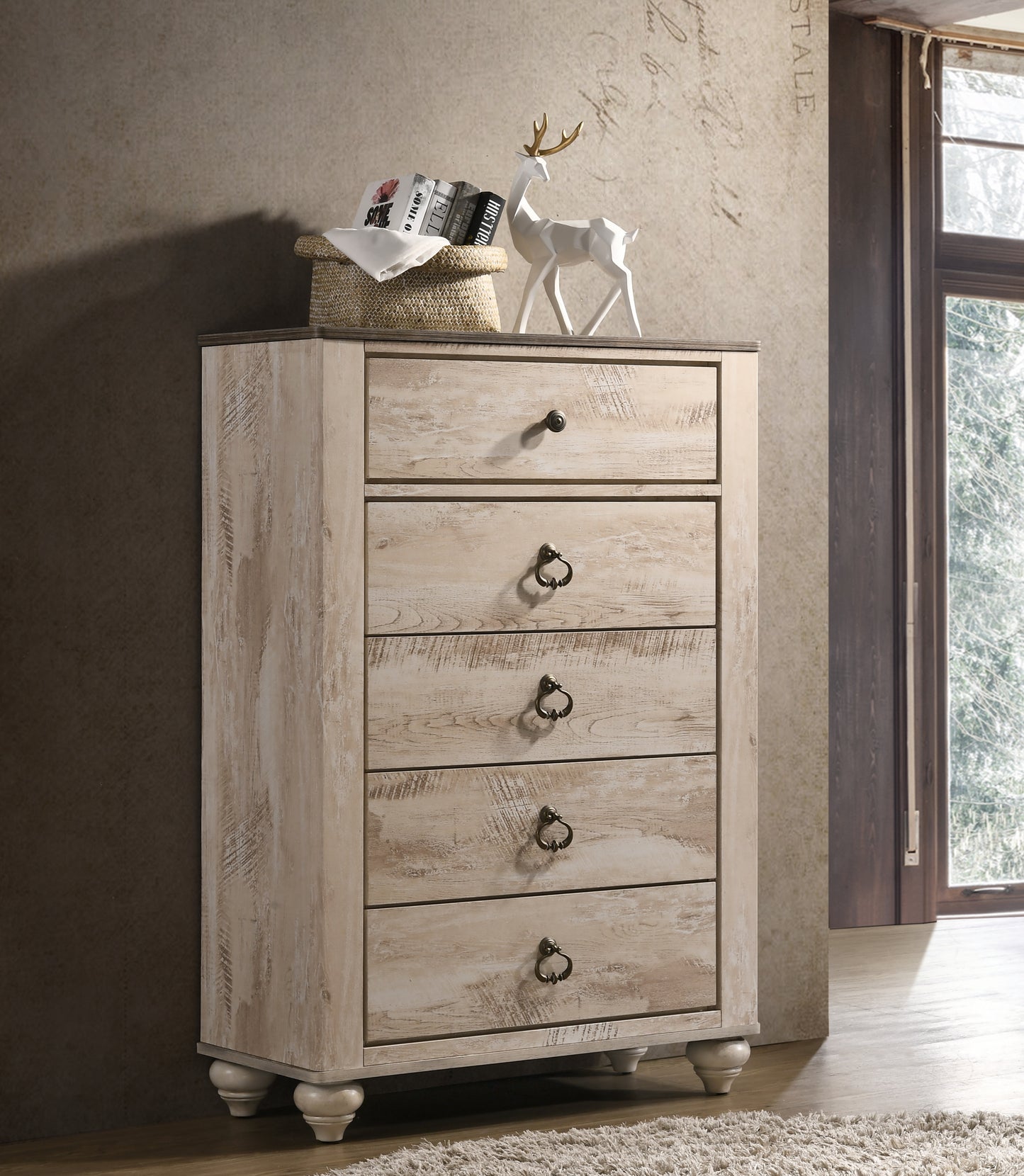 Imerland PatchTower – 5-Drawer Chest with Mixed Woodgrain Top and Whitewashed Body