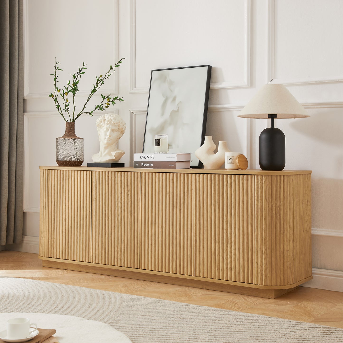 Strivon Wave Console – 64" Natural Wood Sideboard with Vertical Texture