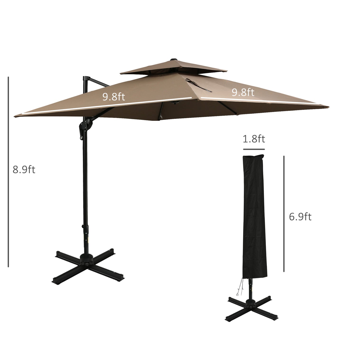 Solair 10' Double - Top Offset Umbrella – Hanging Cantilever with Crank, Base & 360° Rotation (Coffee) - JUSTLIVE NESTJUSTLIVE NEST