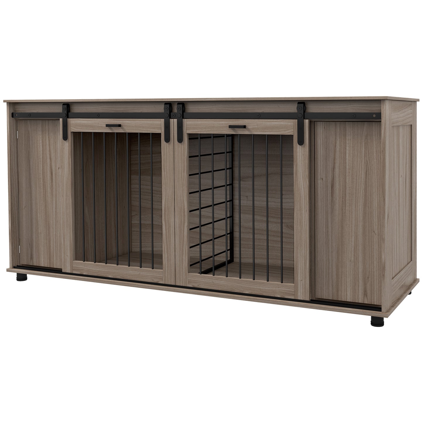 Hollo 71" Dual Crate Console – Walnut Dog Kennel Table with Divider & Storage for 1 or 2 Dogs - JUSTLIVE NESTJUSTLIVE NEST