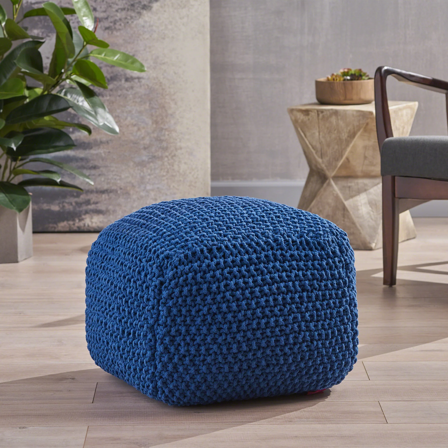 Pim Cotton Pouf – Knitted Cube Pouf 20.5" x 20.5" x 16.5" in Soft Cotton Texture