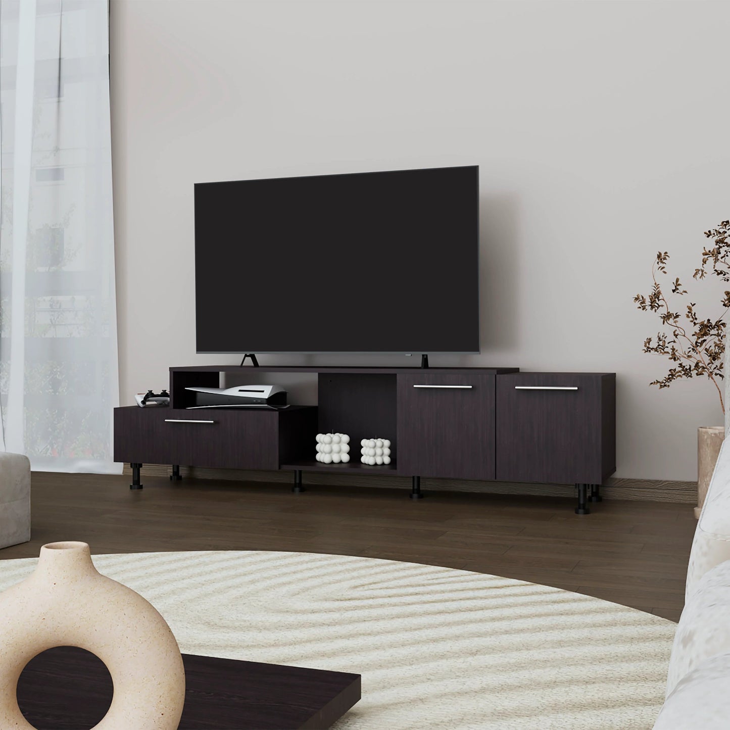 Citronix XL Console – Wengue TV Stand with 2 Side Cabinets + Center Storage