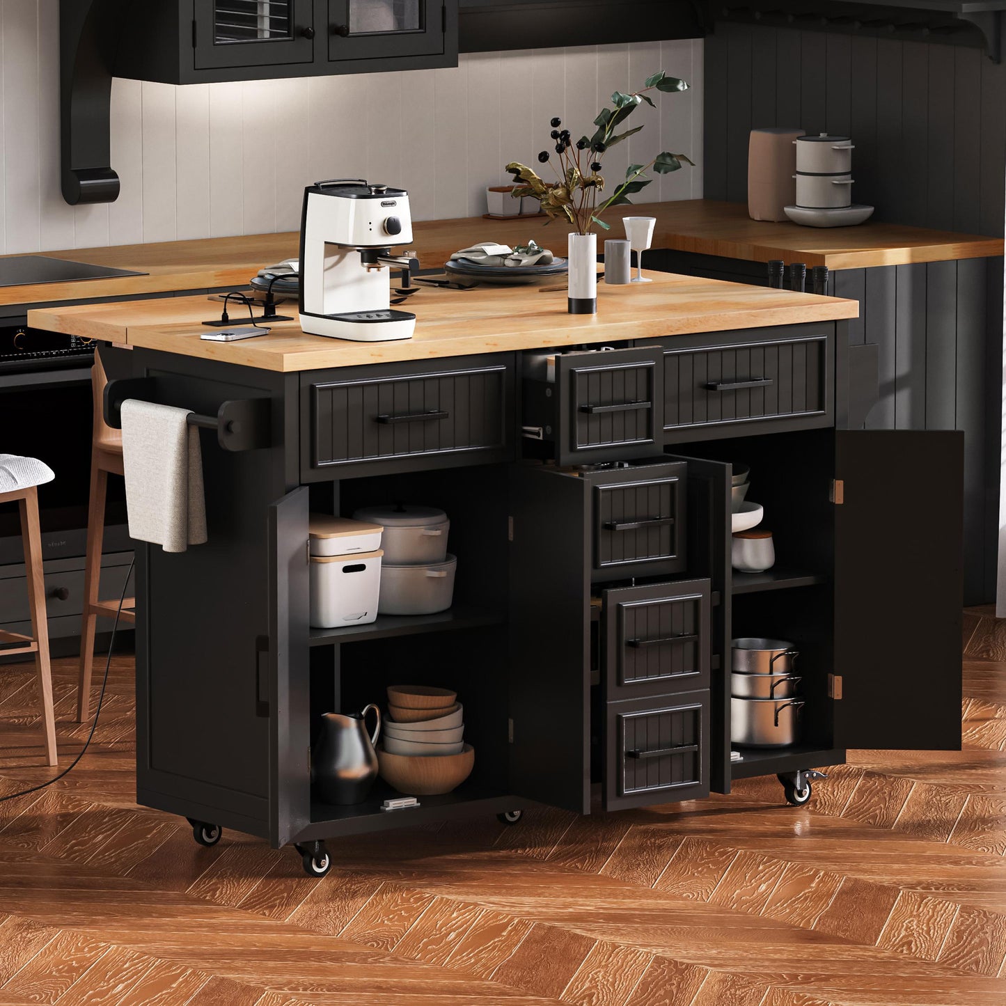 K&K Grand Island – 56.5'' Black Kitchen Cart with 5 Drawers, Drop Leaf & Outlet