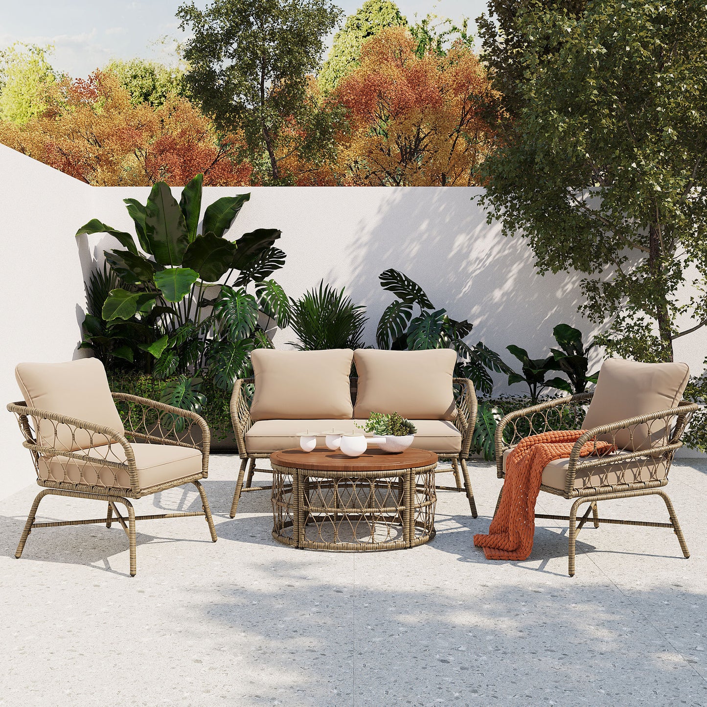 GO 4-Piece Boho Patio Set – Beige Outdoor Lounge with Removable Cushions & Wood Tabletop