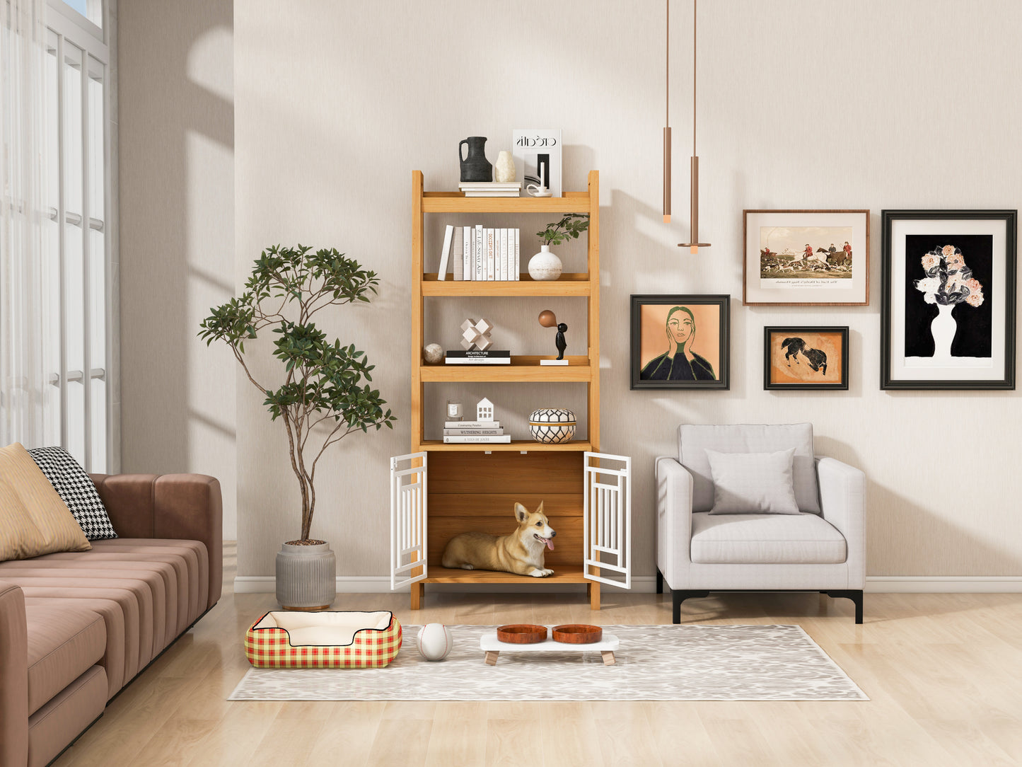 Hollo Crate Shelf Tower – Dog Crate & Ladder Bookcase Combo in Furniture Style - JUSTLIVE NESTJUSTLIVE NEST