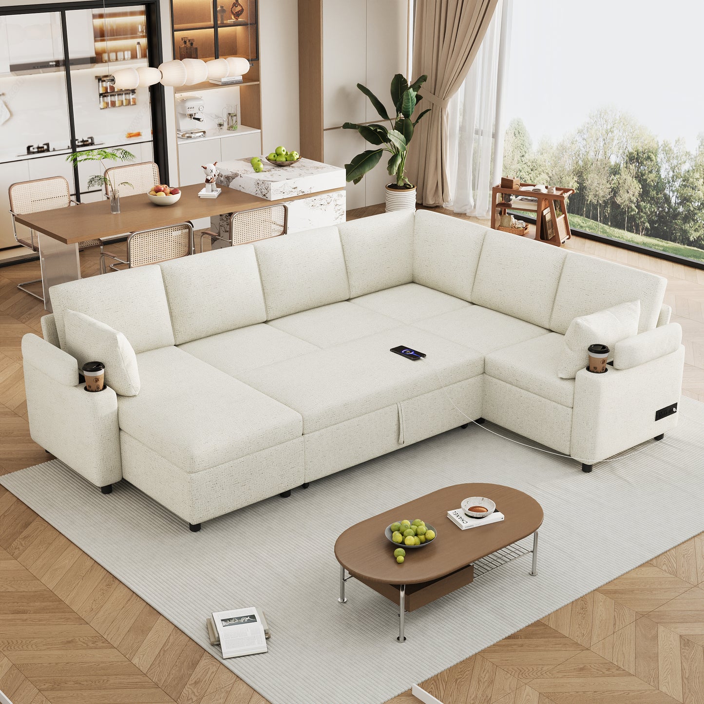 110' Expandable Comfort Lounge – Beige Smart Seating with Hidden Storage & Built-In Features