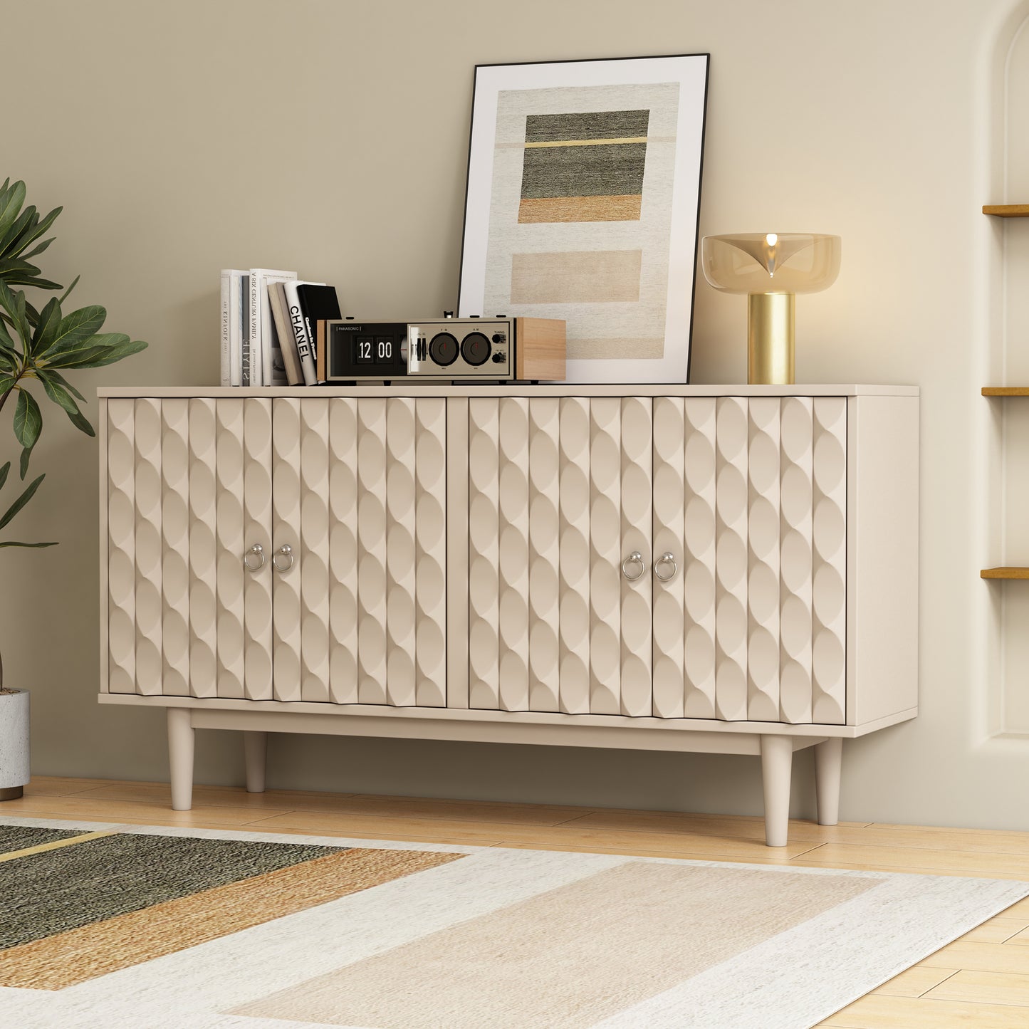Trexm Almond Sideboard – Convex Pattern 4-Door Cabinet with Silver Pulls