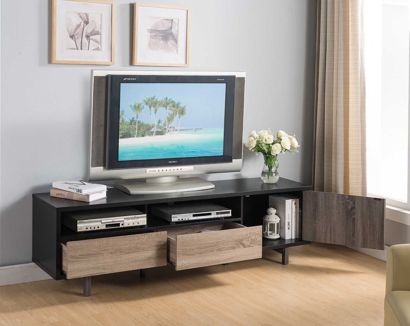 Stravion XL Console – 72" TV Cabinet with 2 Drawers + Door (Black / Grey / Taupe)