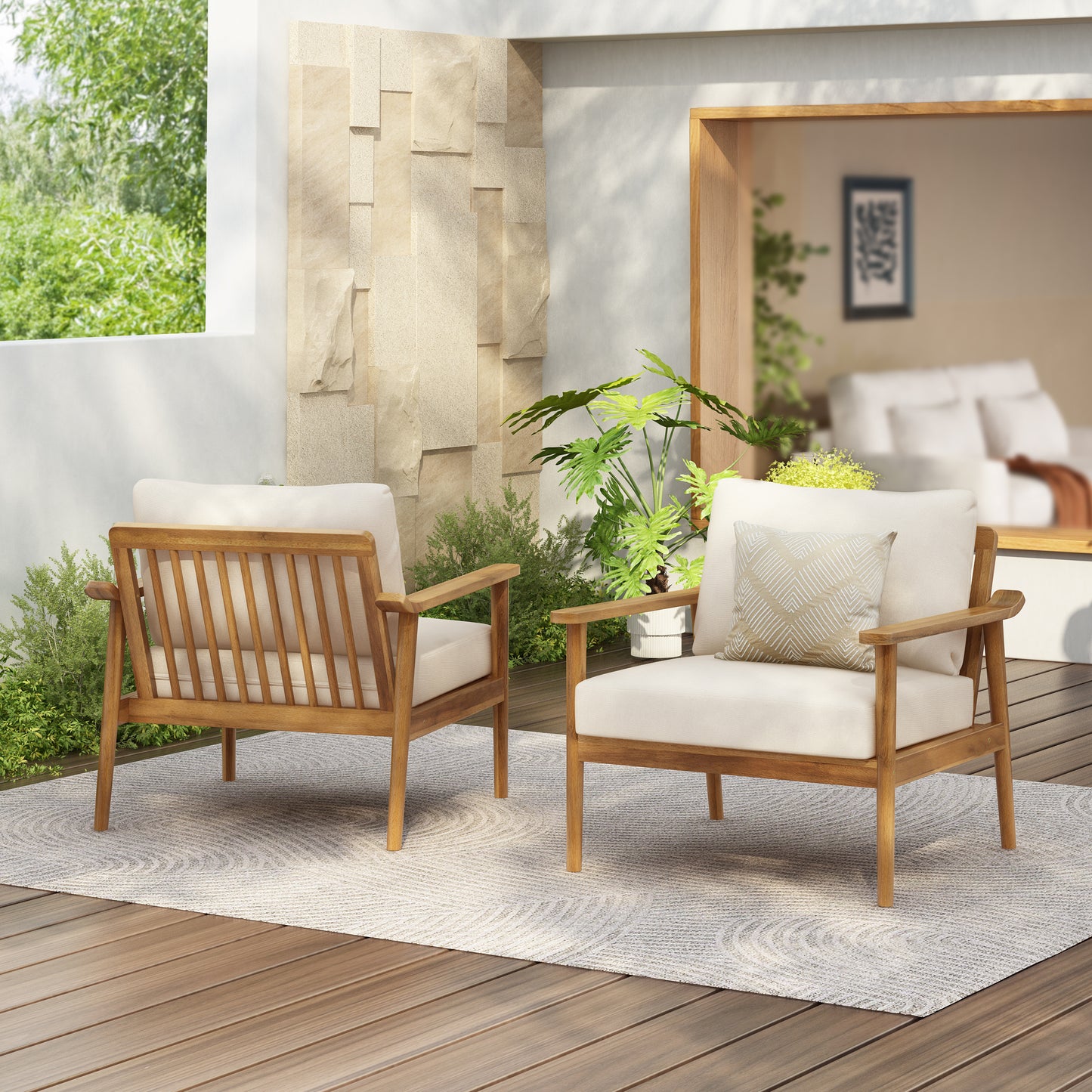 Retra Mid-Century Outdoor Chairs – Set of 2 Cushioned Lounge Seats with Solid Wood Frames for Patio or Balcony
