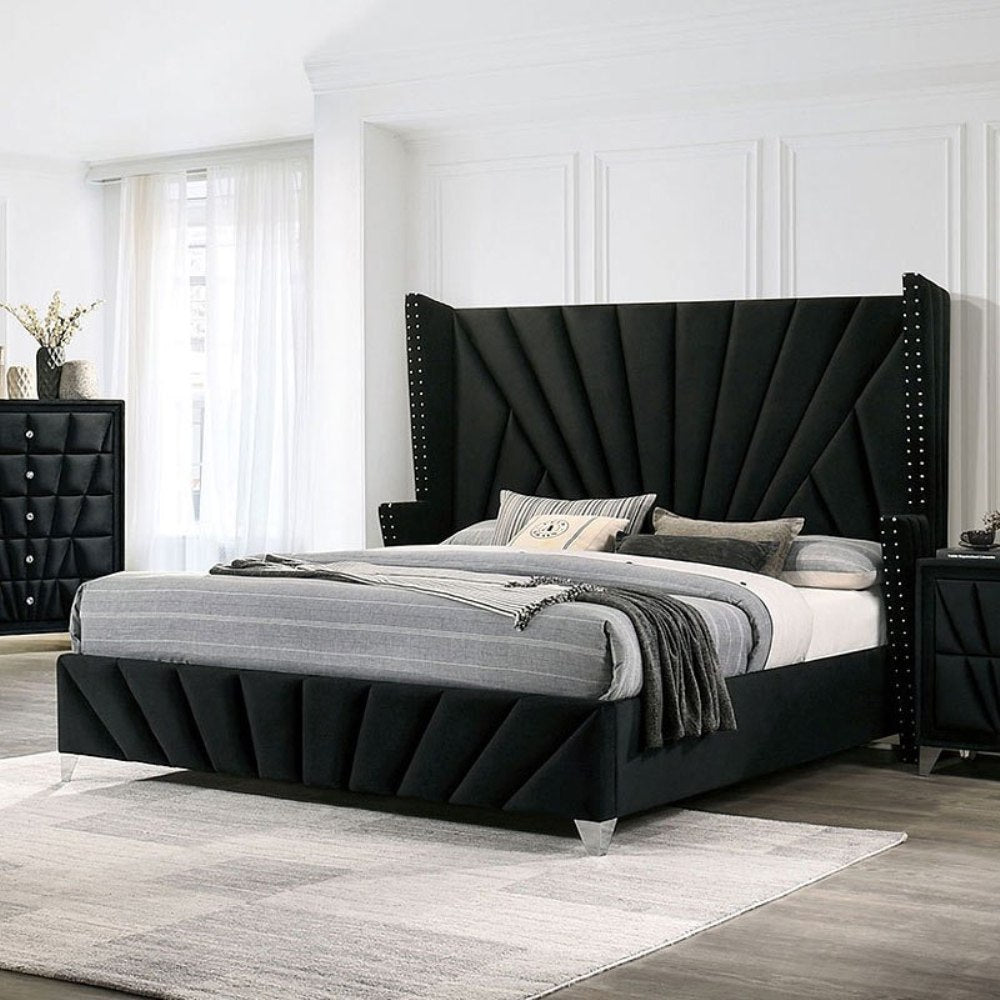 Kivora Queen Bed – Black Wingback Upholstered Frame with Distinct Headboard
