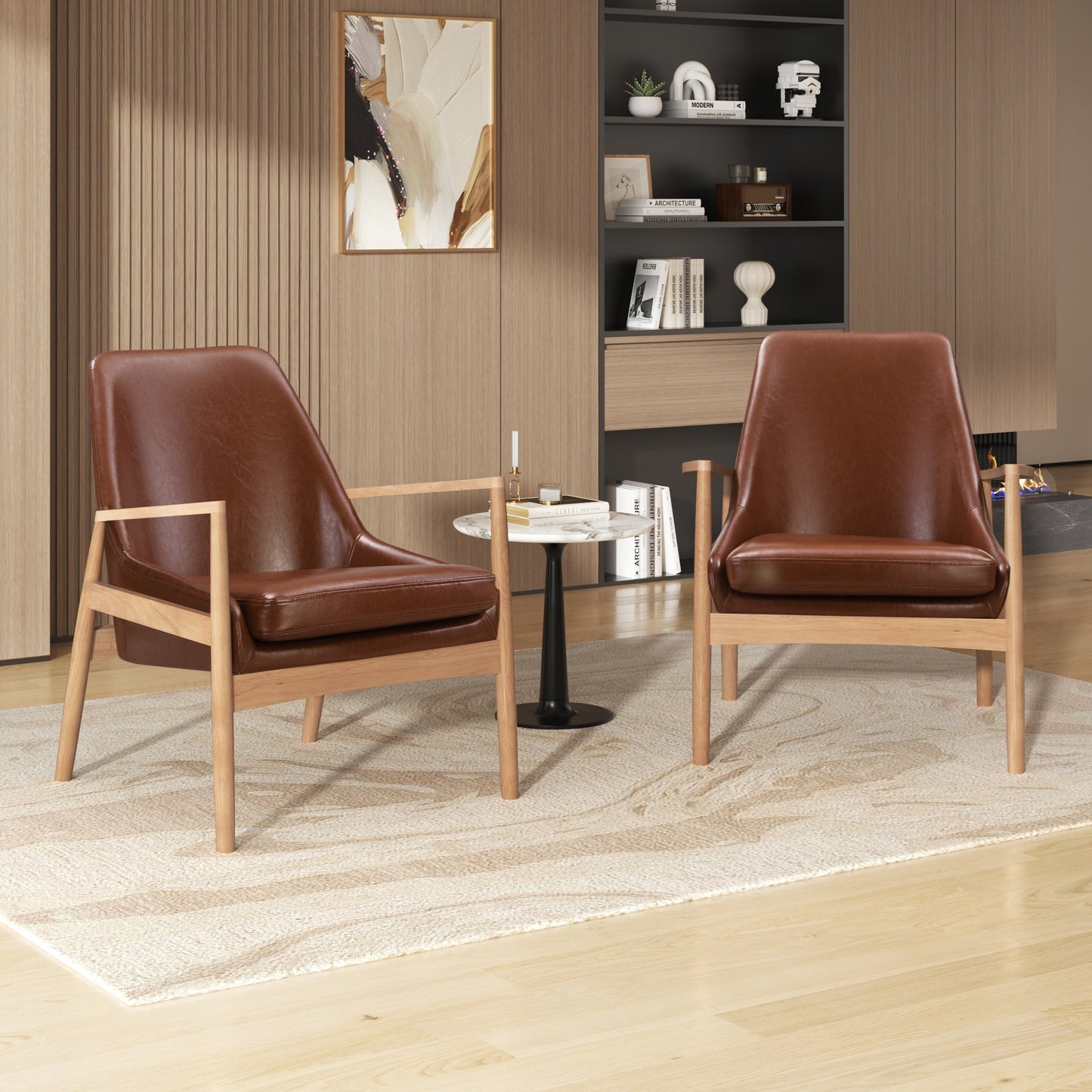Vensora Chair Set – CognacHide PU, Timberrest Frame, Highback Lounge Form