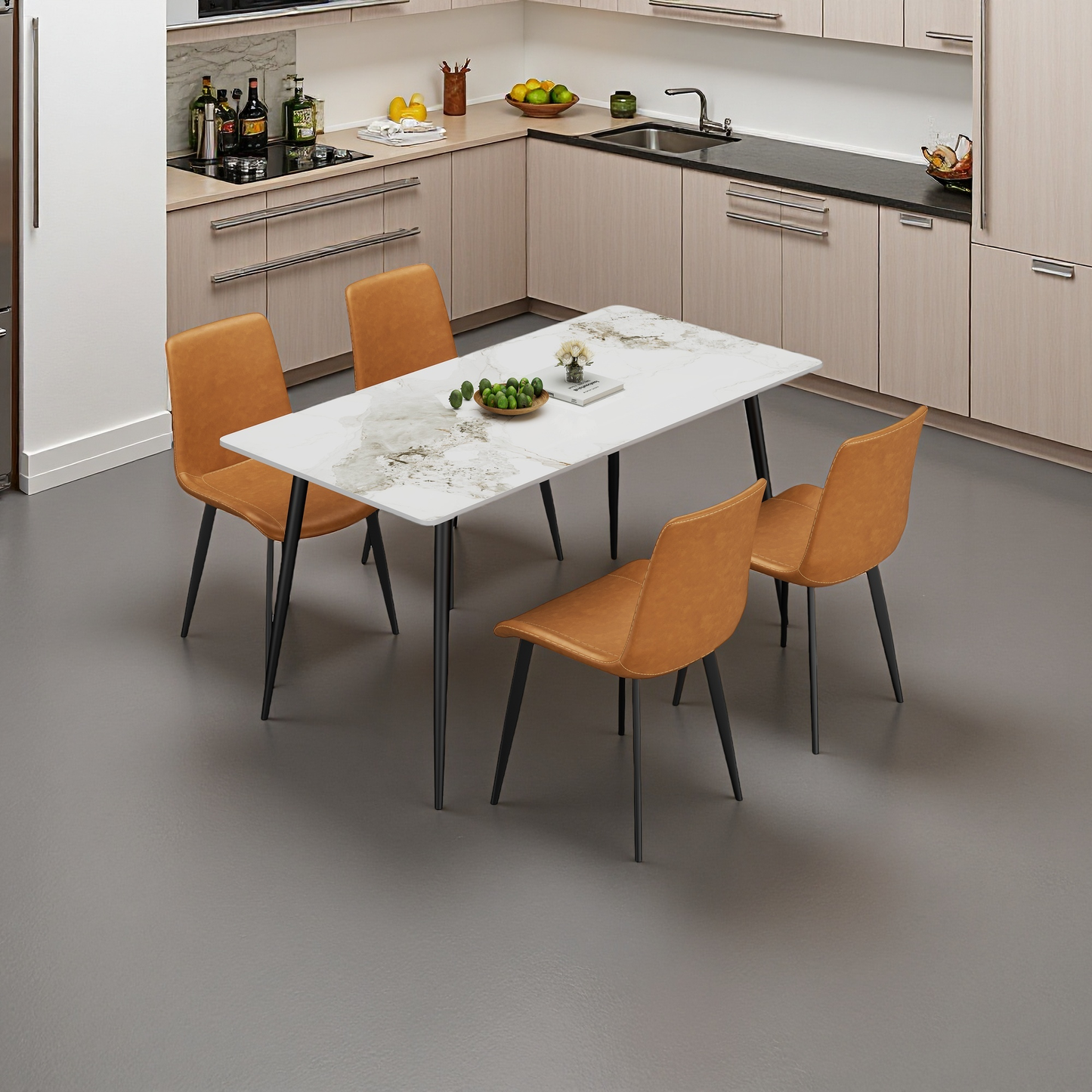 Moderno 63" Sintered Stone Dining Set – Rectangular Table with 4 Comfy Chairs, Minimalist Steel Legs