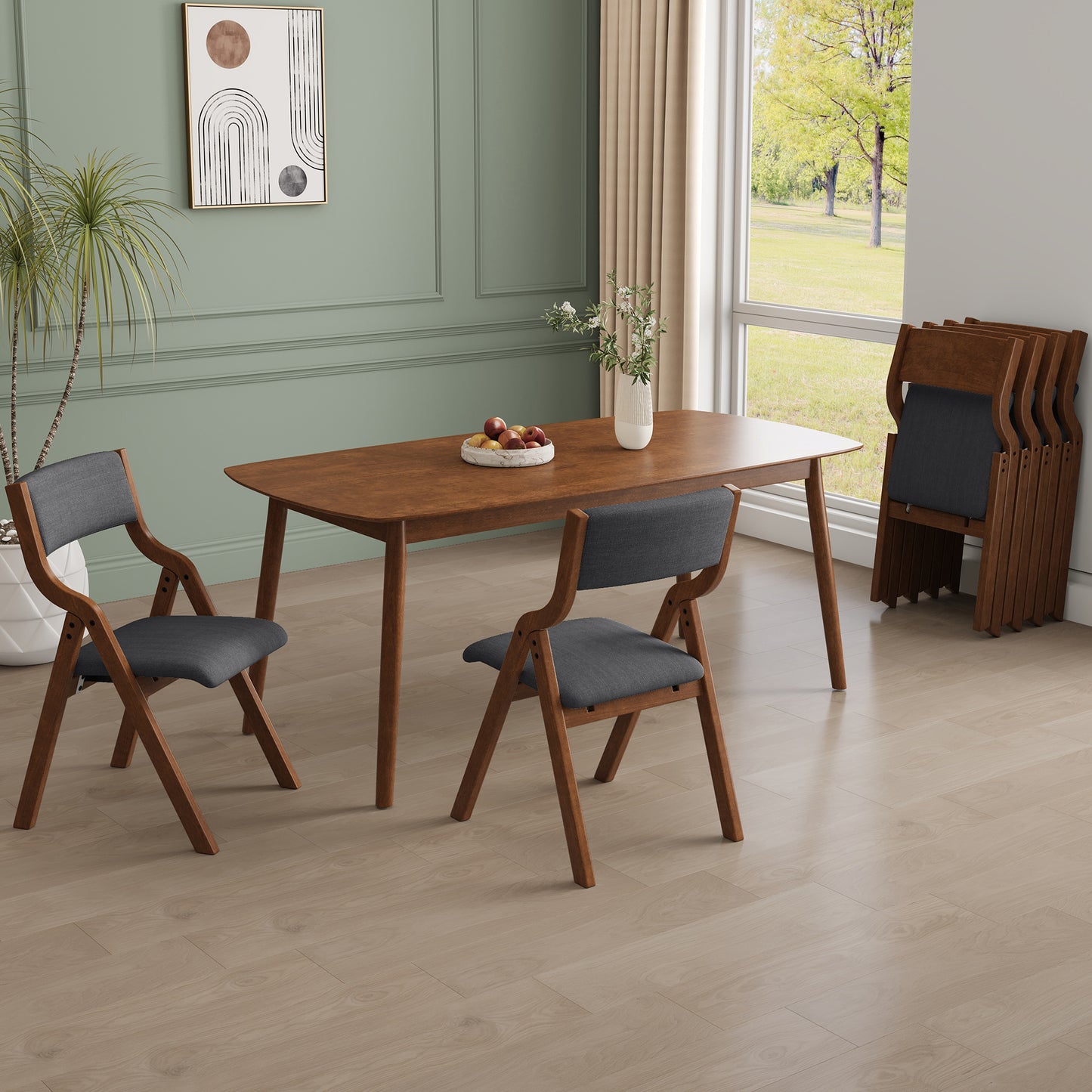 Foldra Dining Chairs – 2 Cream & Walnut Foldable Upholstered Seats, Space Saving