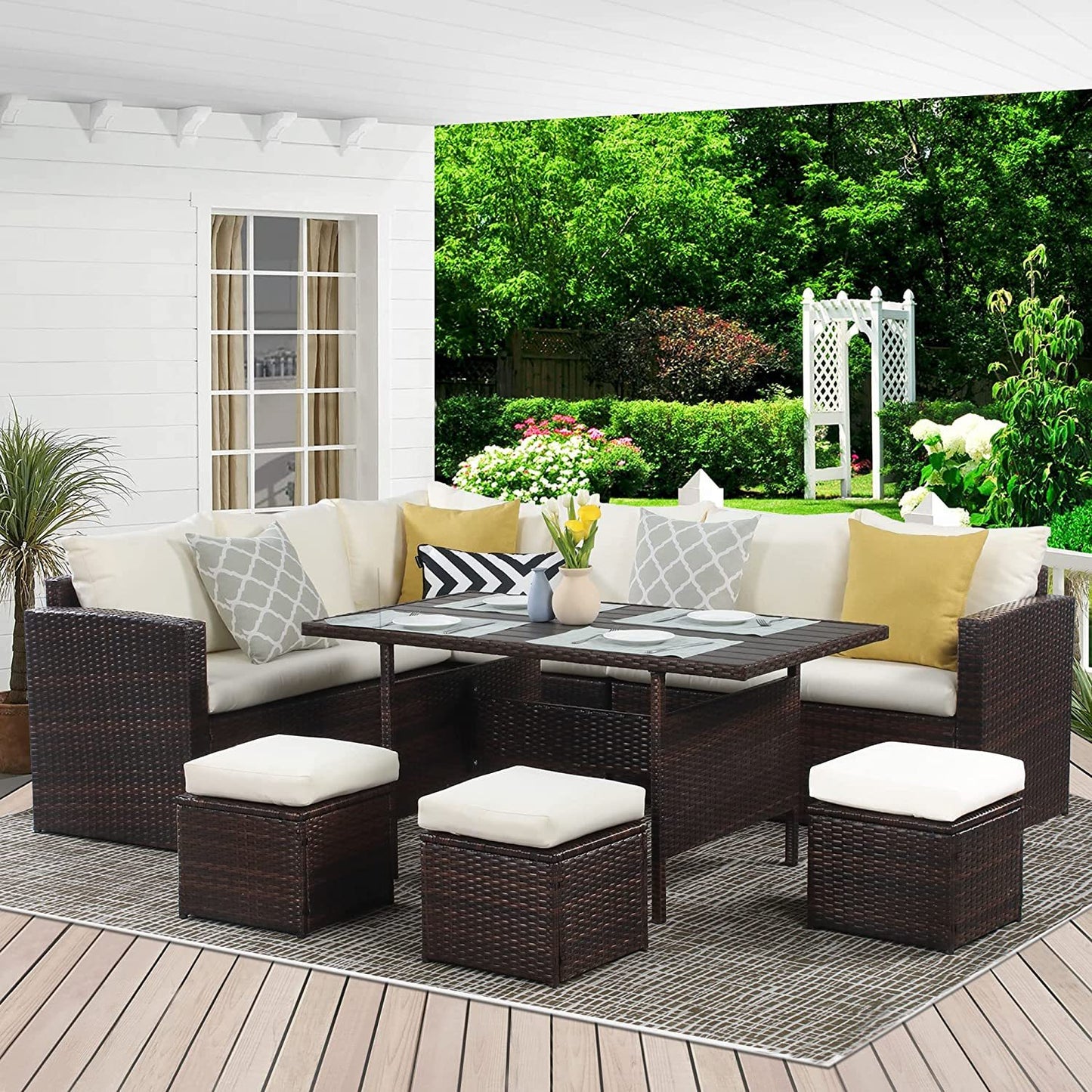 Solvara 7-Piece Dining Sectional – Ivory PE Wicker Sofa Set with Cushions & Central Table
