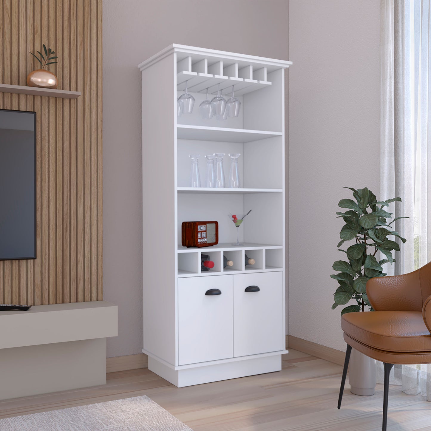 Norra Tall Bar Cabinet – 70'' White Cabinet with Wine Rack, Glass Hutch & Open Shelves