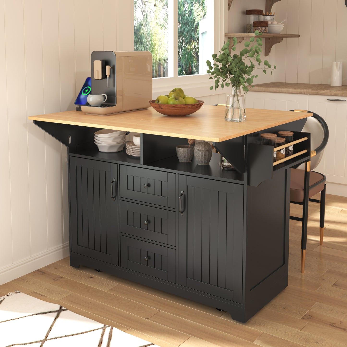 K&K Folda Island – 55.7'' Black Cart with 2 Drop Leaves, 3 Drawers, Power & Rack Storage