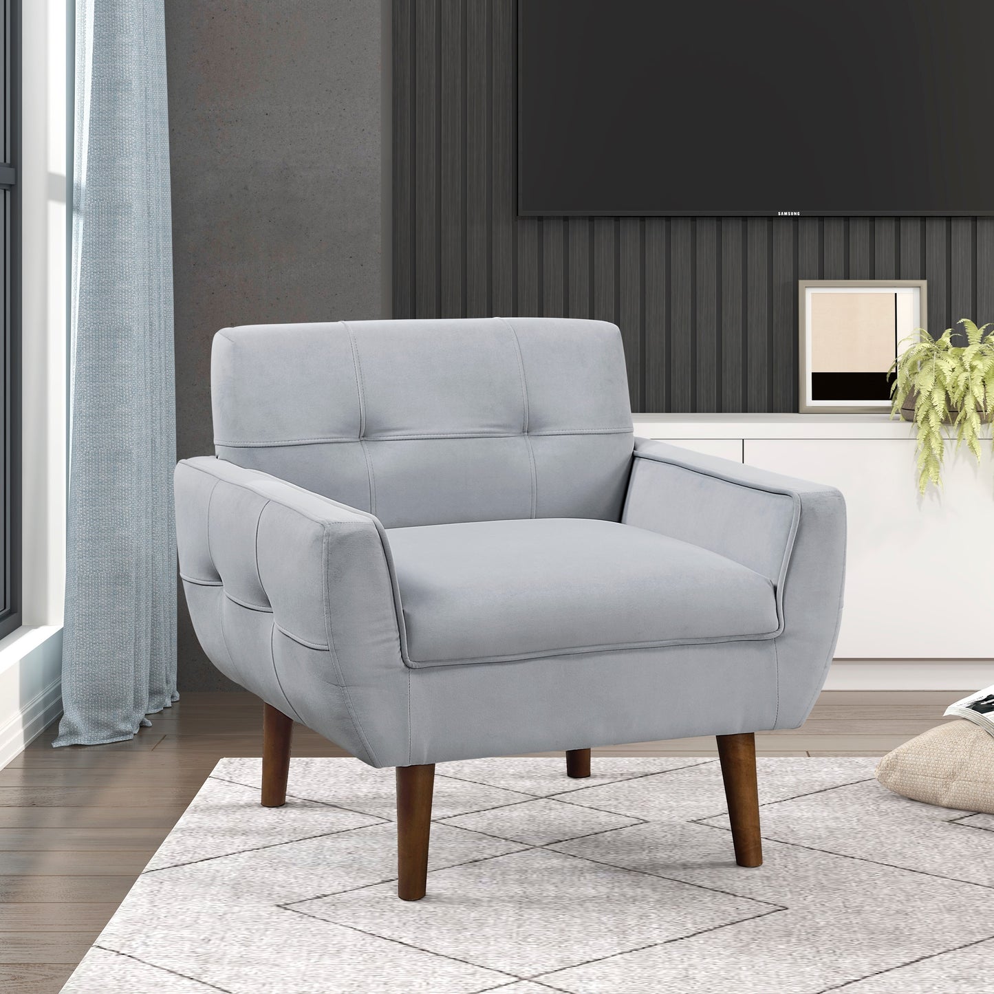 Vellana Chair – Gray Velvet, Tufted Backrest, Softline Contemporary Frame