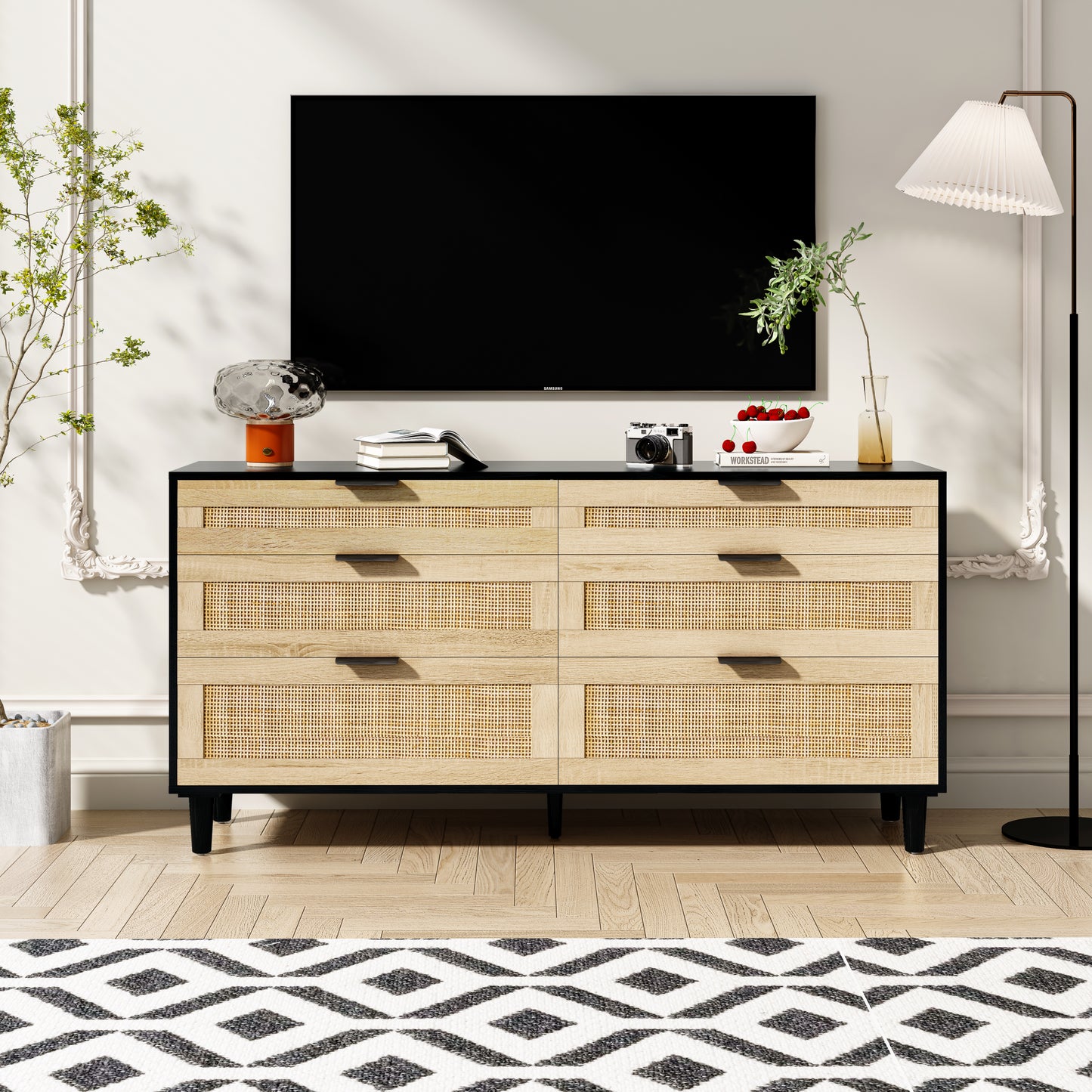 XL 6‑Drawer Dresser – Black Rattan-Front Cabinet, Bedroom or Hallway Storage
